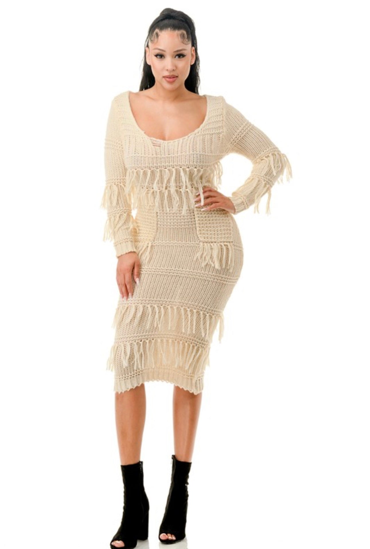Tassel Crochet Scoop Maxi Sweater Dress