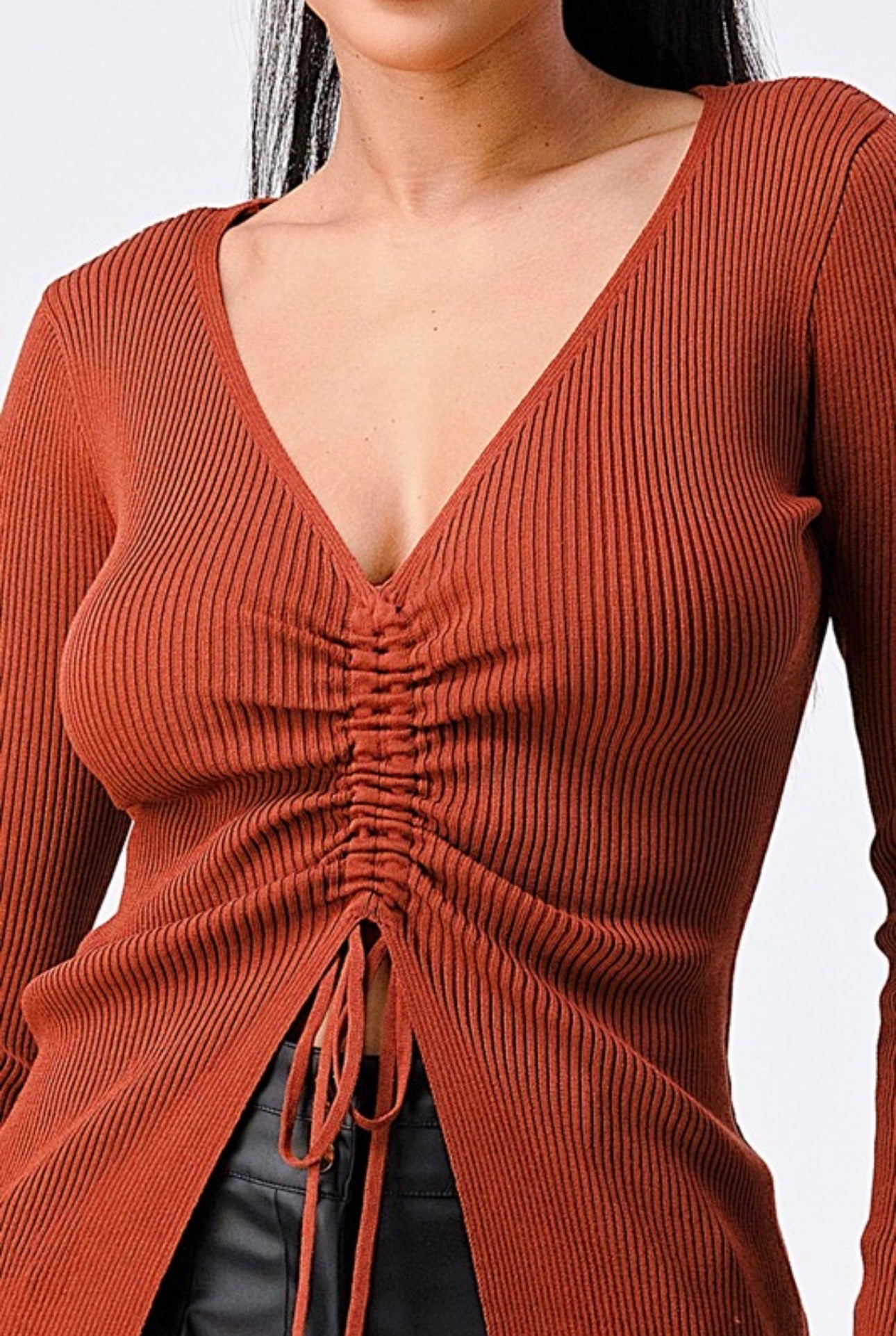 Ruched Front V Neck Rib Long Sleeve Sweater