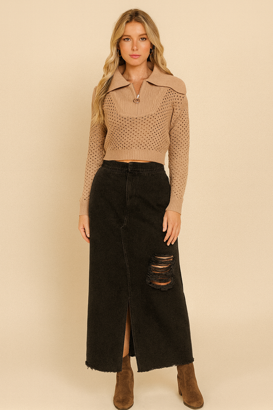 Quarter Zip Open Knit Crop Sweater