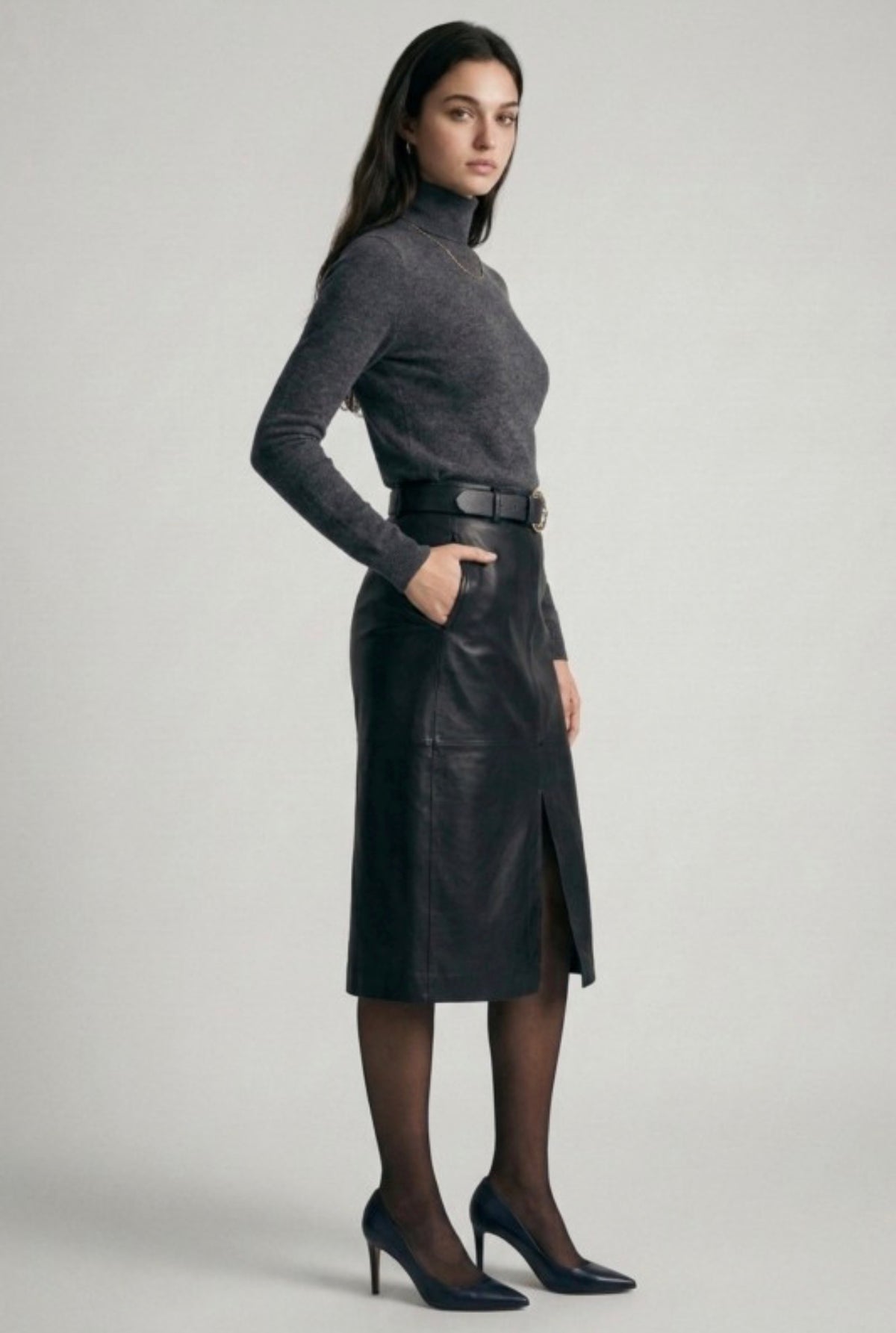 Belted Leather Midi Skirt with Front Slit