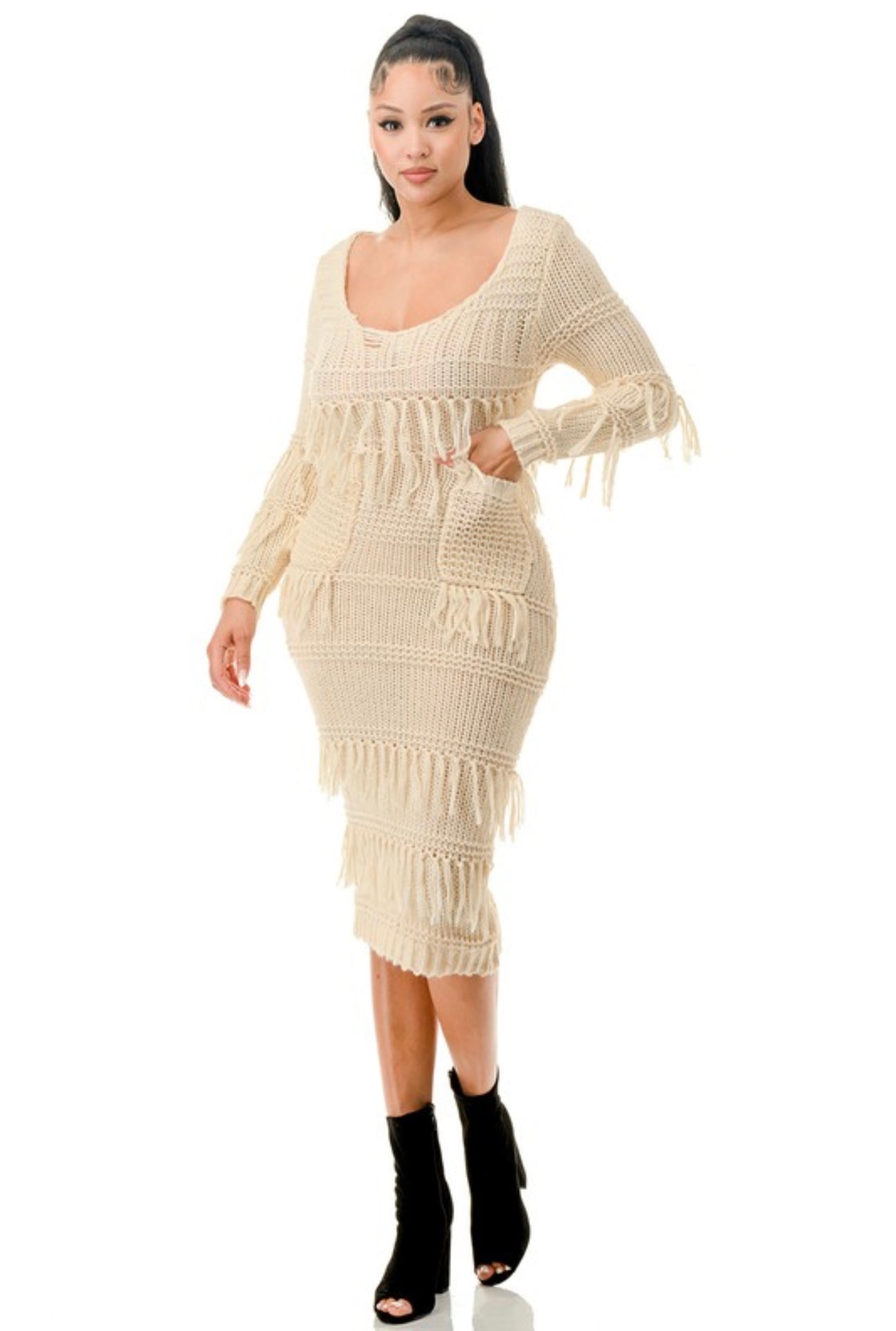 Tassel Crochet Scoop Maxi Sweater Dress