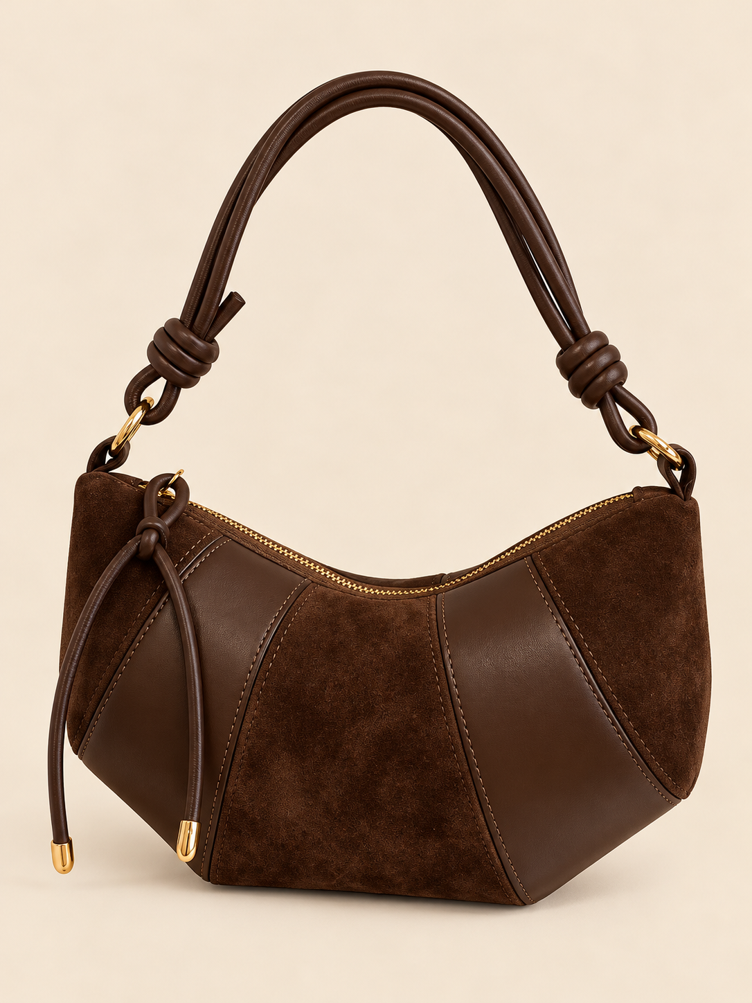 Brown Crescent Patchwork Suede & Leather Bag