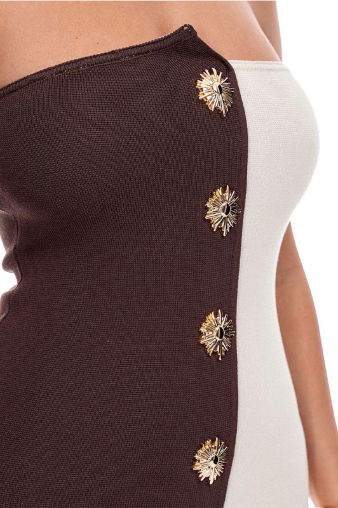 Two Tone Strapless Midi Dress with Gold Buttons