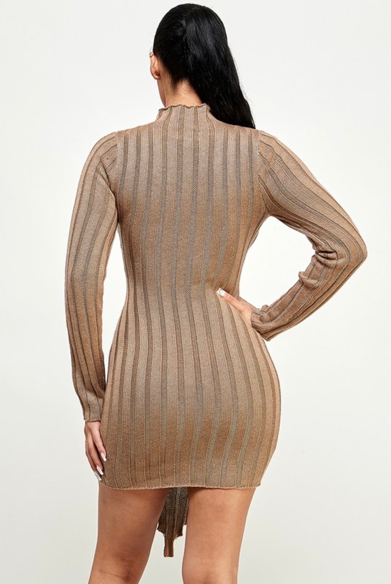 Knit Mock Neck Long Sleeve Midi Dress with Asymmetrical Hem