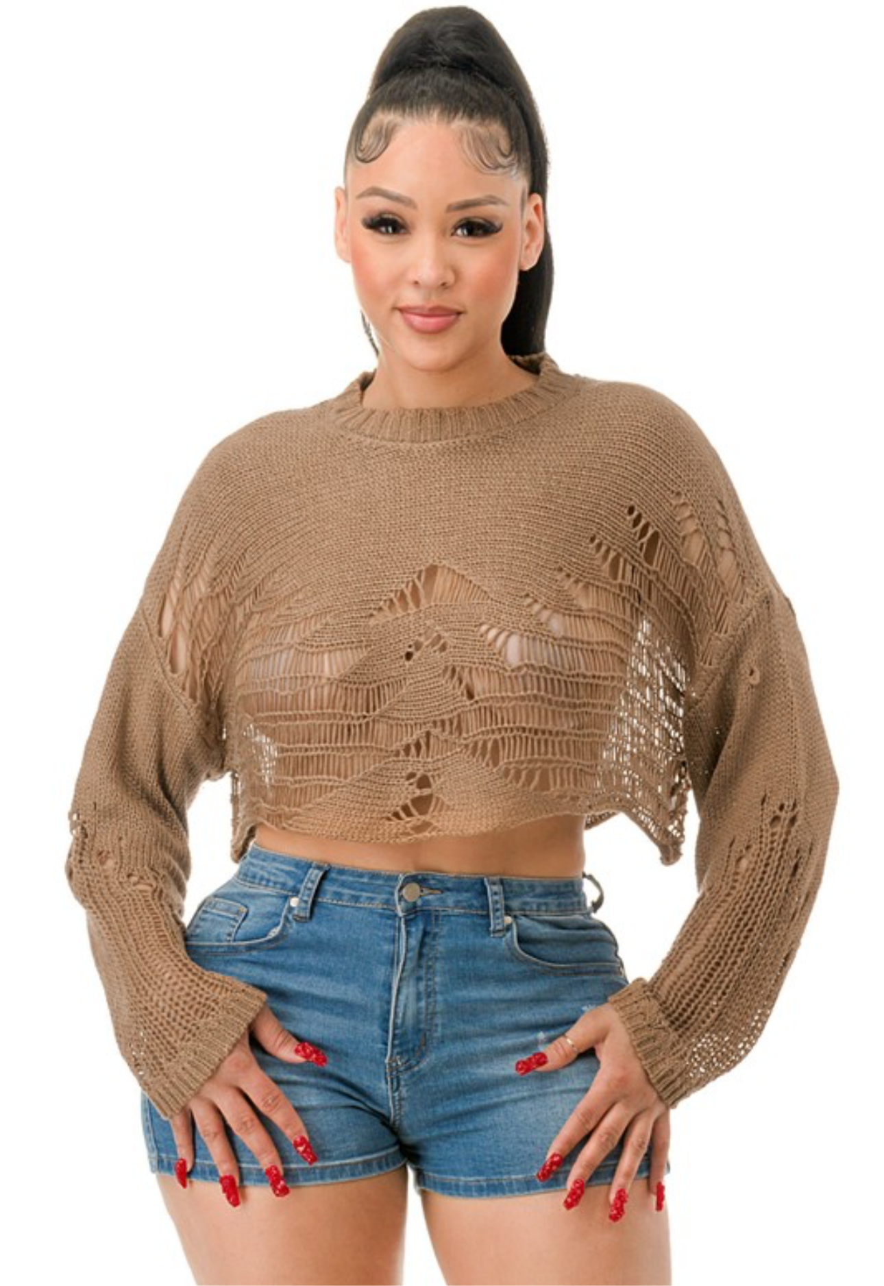Long Sleeve Open Crop Crochet Pullover