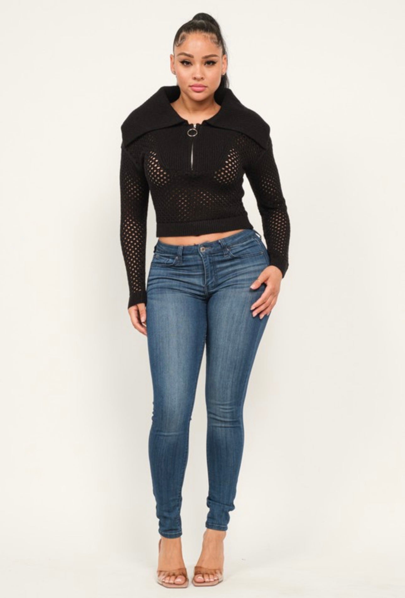 Quarter Zip Open Knit Crop Sweater