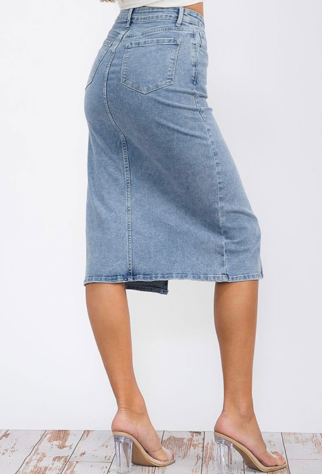 Denim Midi Skirt with Front Slit