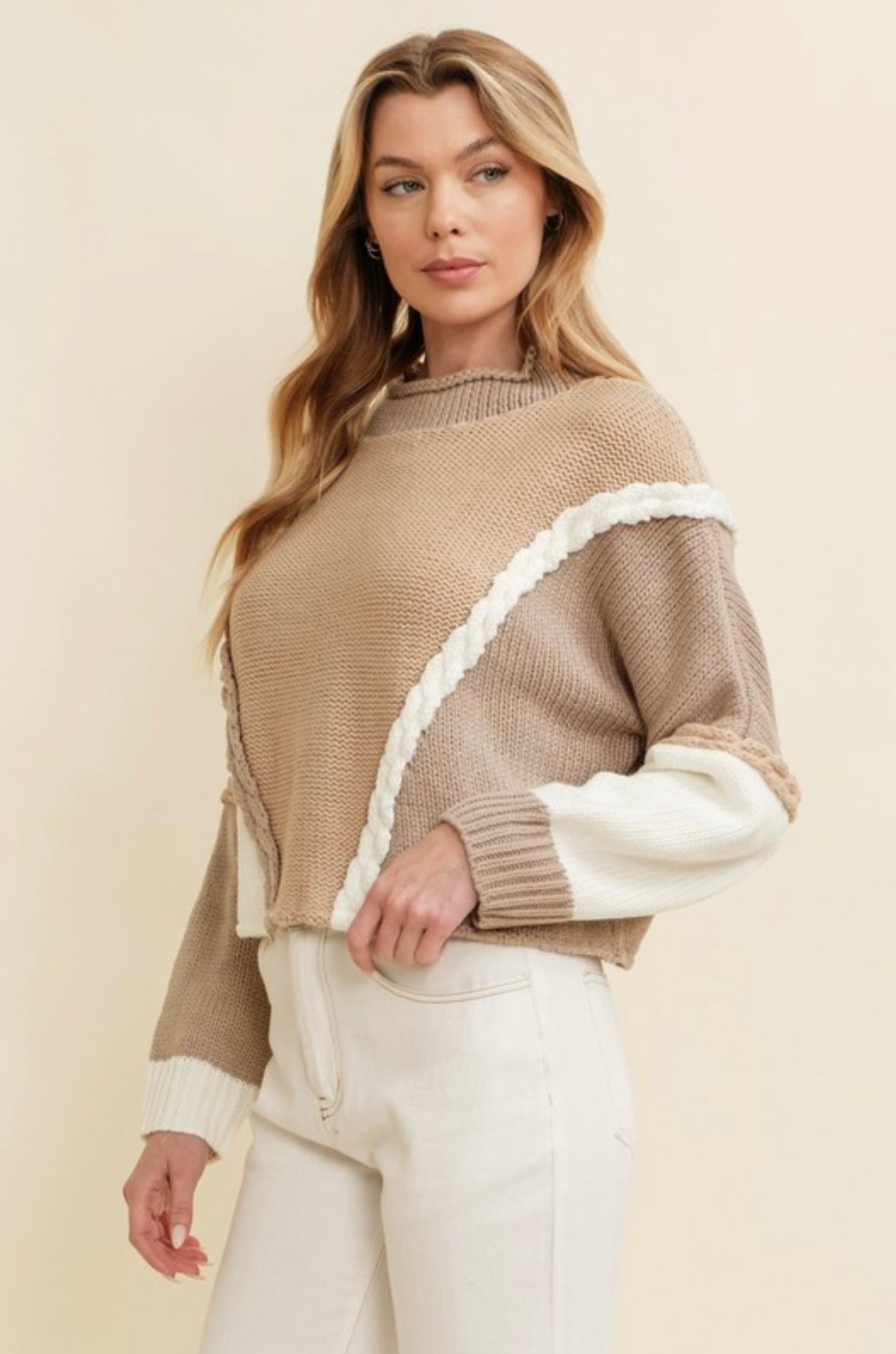 Tri Tone Mock Neck Crop Sweater
