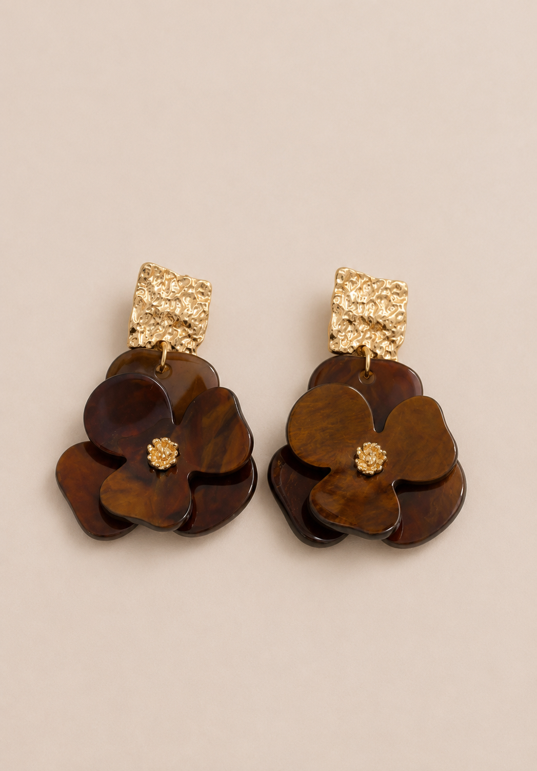 Brown Flower and Gold Drop Earring