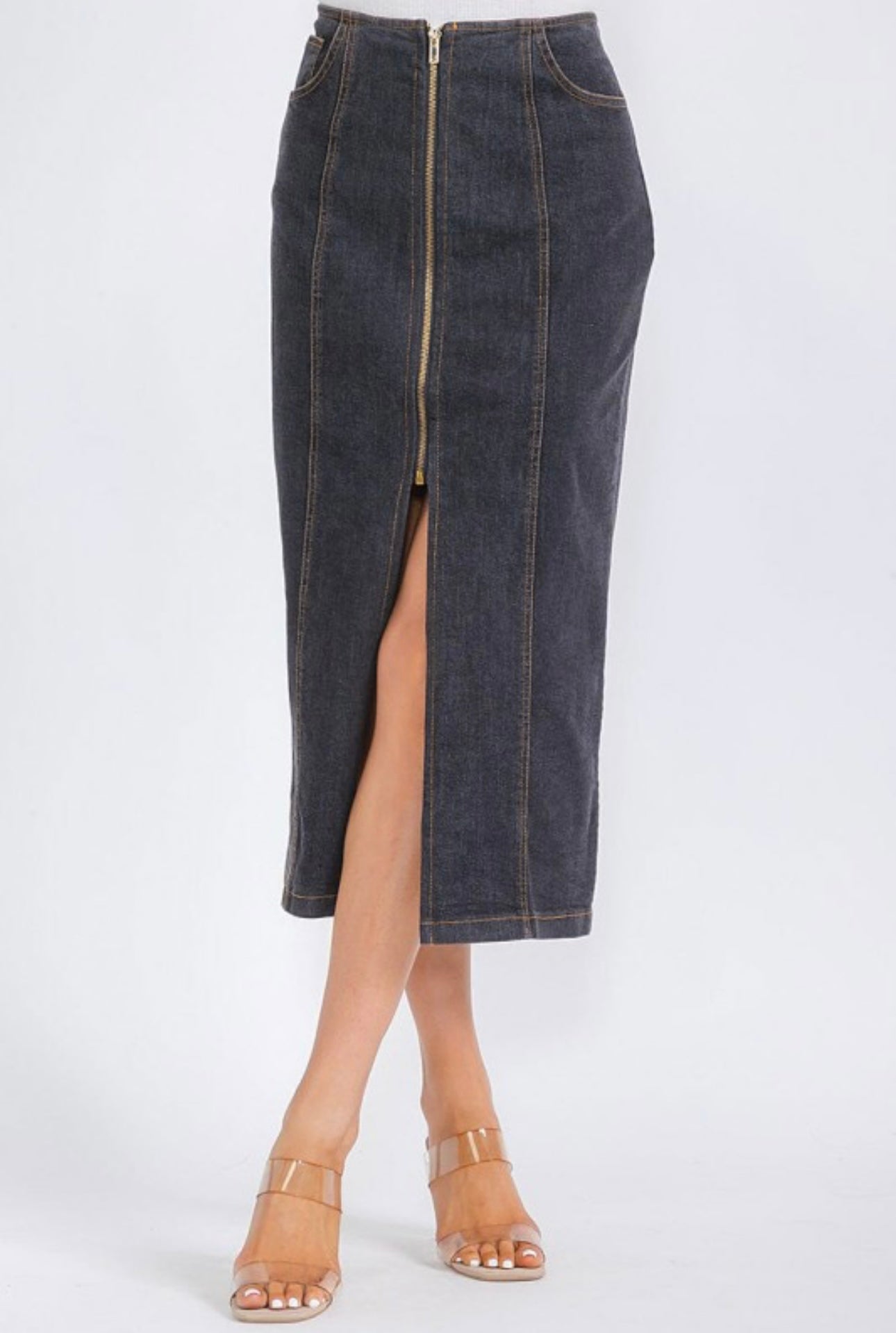 Front Zip Midi Denim Skirt with Front Slit