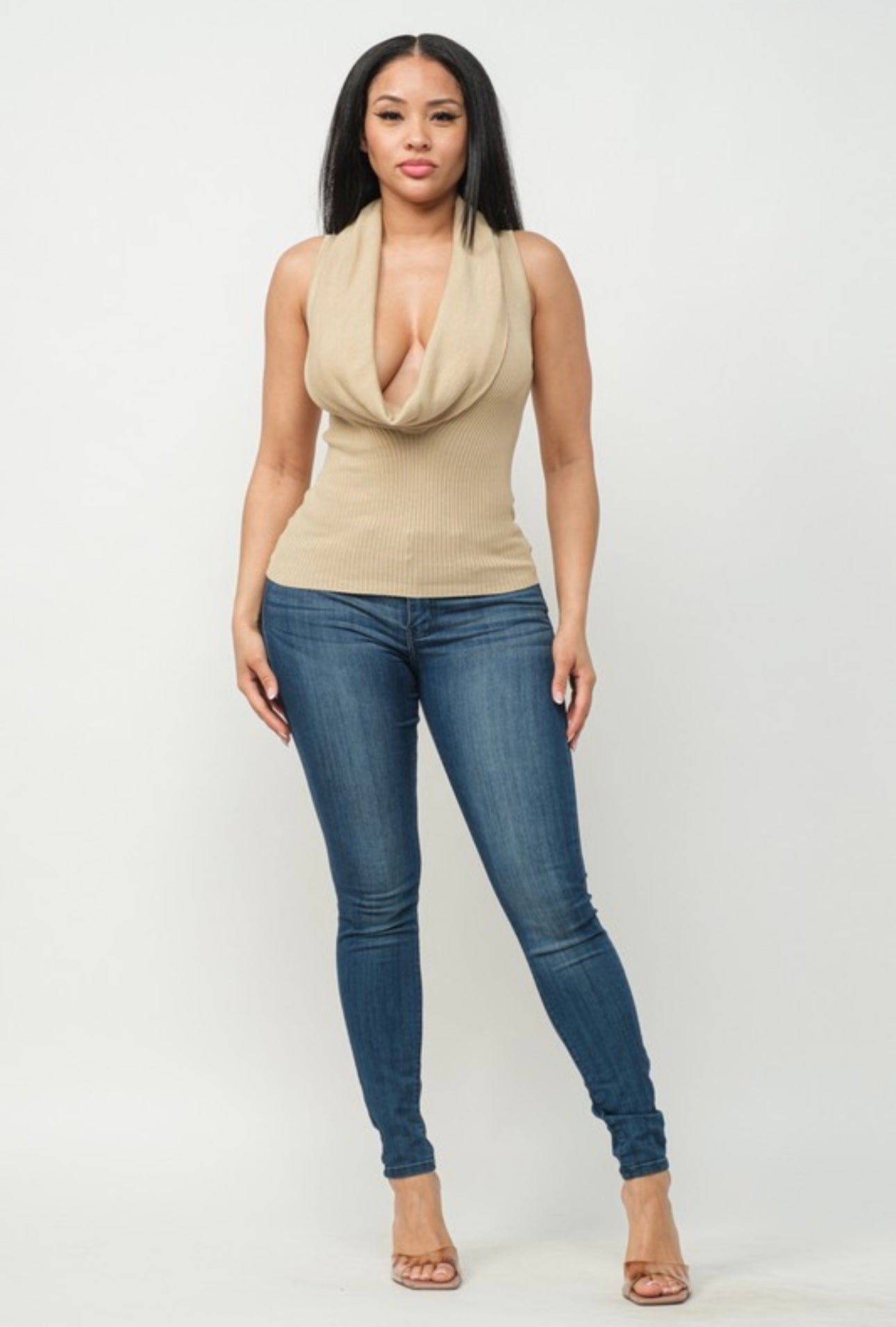 Off the Shoulder Cowl Neck Ribbed Top