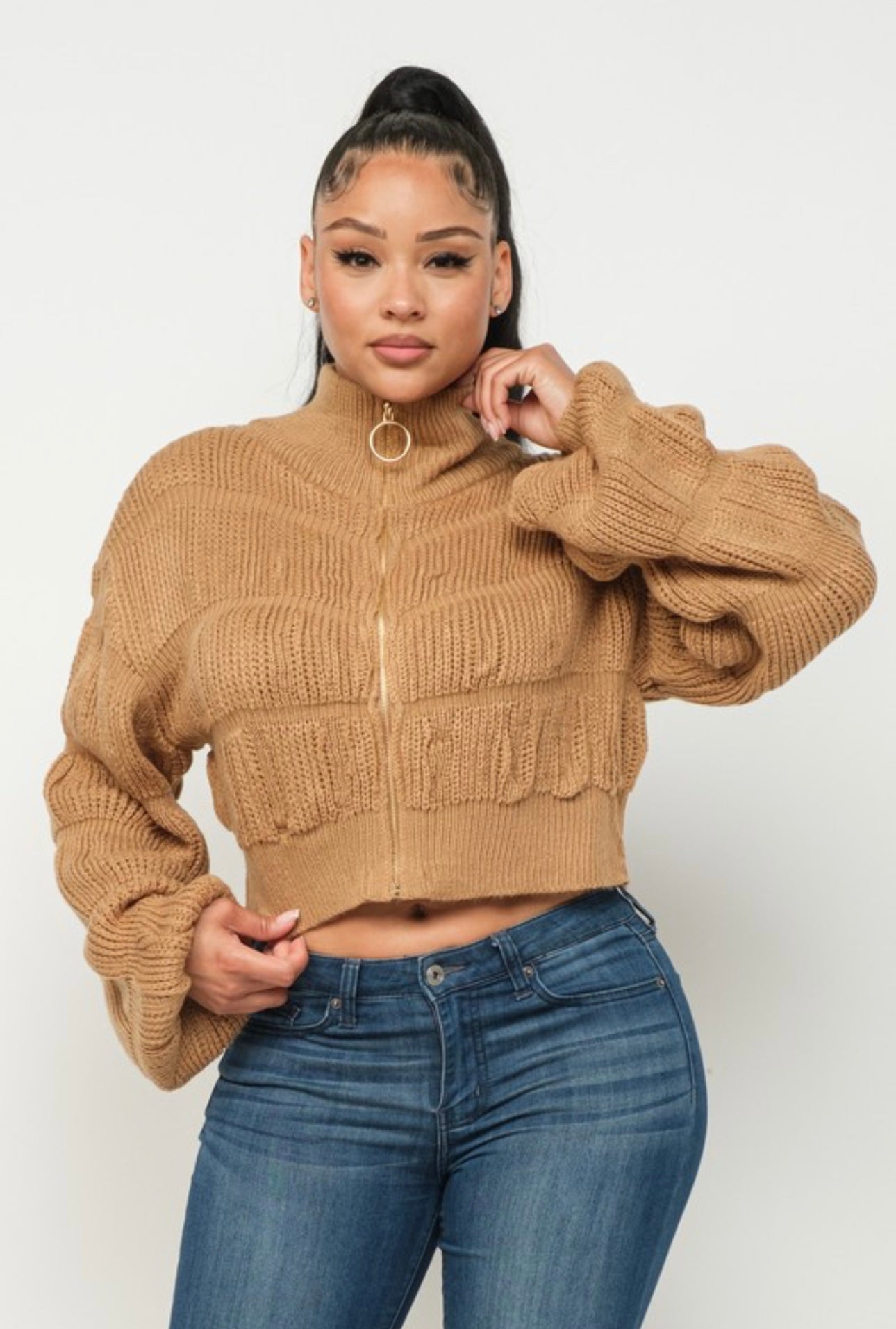 Bubble Sleeve Knit Zip-Up Sweater