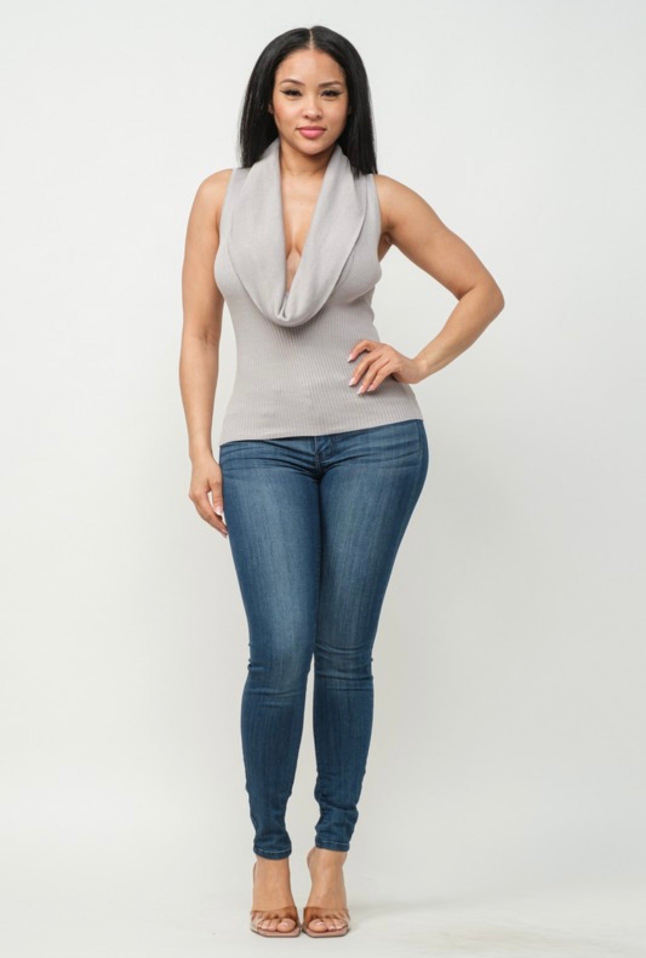 Off the Shoulder Cowl Neck Ribbed Top