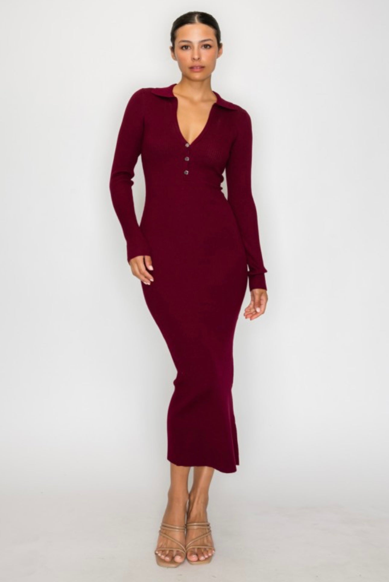 Collar Ribbed Long Sleeve Maxi Dress