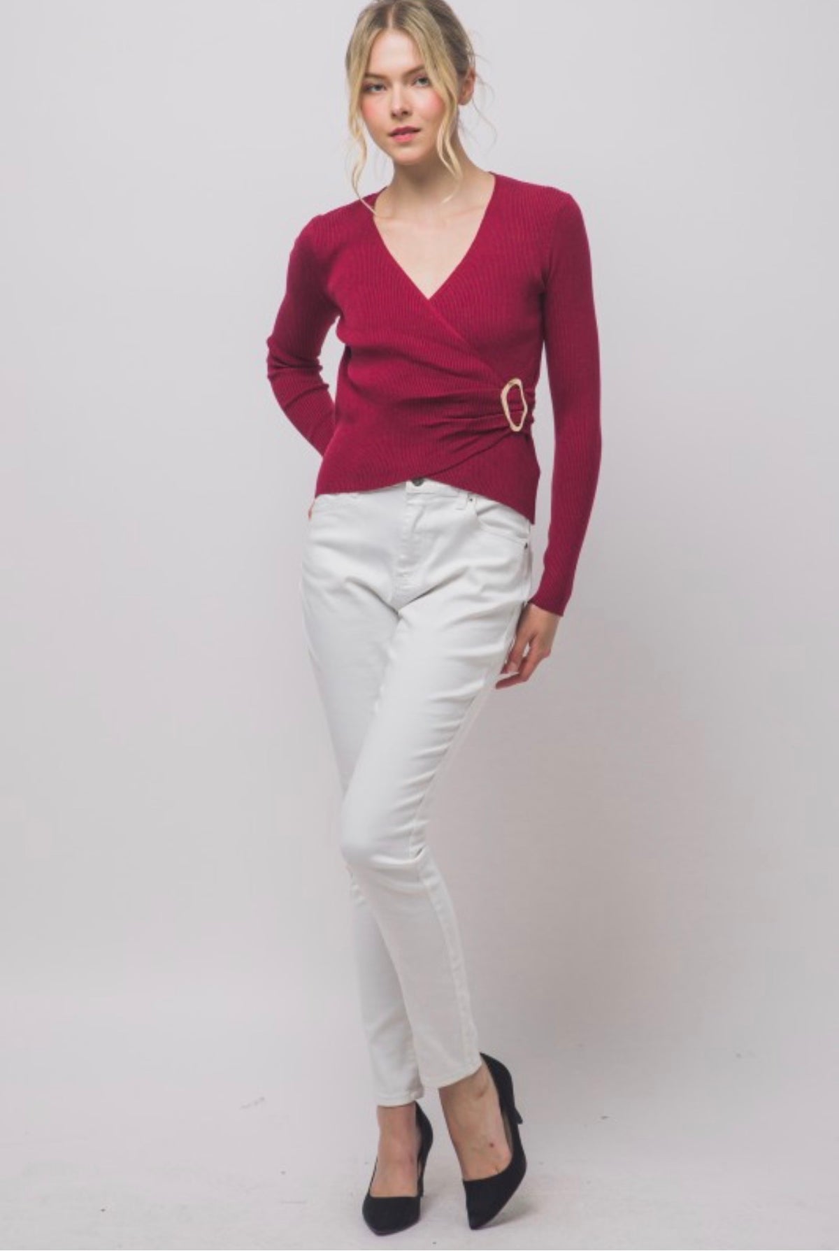 Rib Wrap V Neck Long Sleeve with Gold Accent