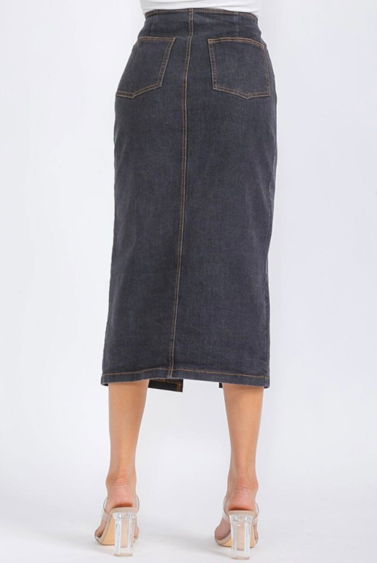 Front Zip Midi Denim Skirt with Front Slit