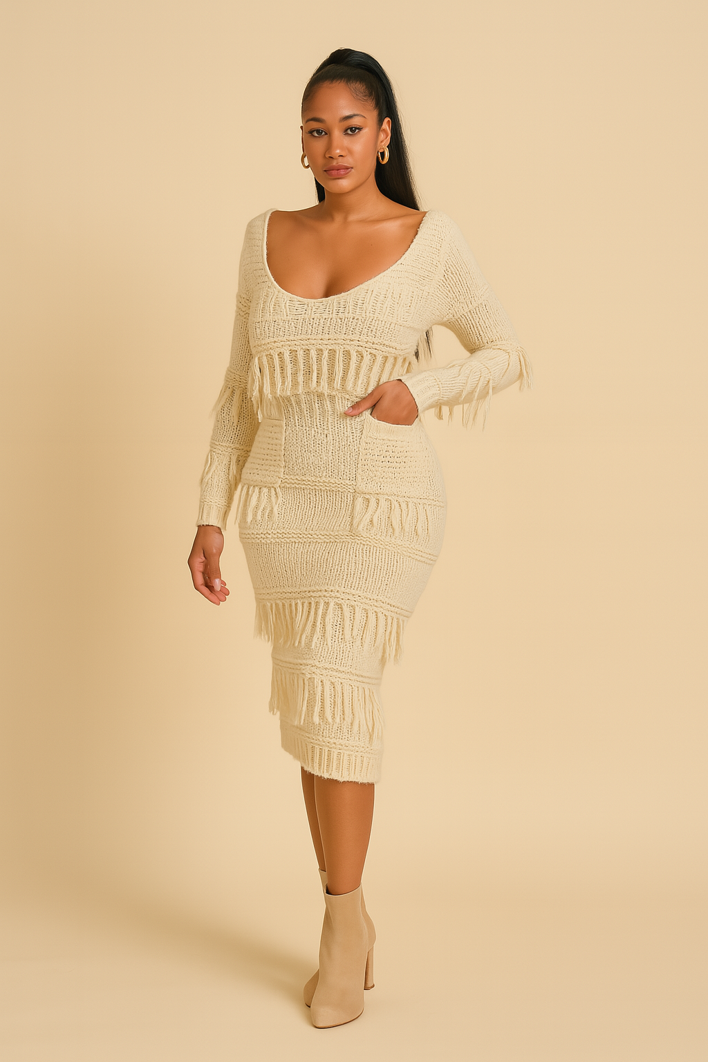 Tassel Crochet Scoop Maxi Sweater Dress