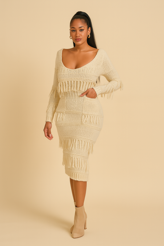 Tassel Crochet Scoop Maxi Sweater Dress