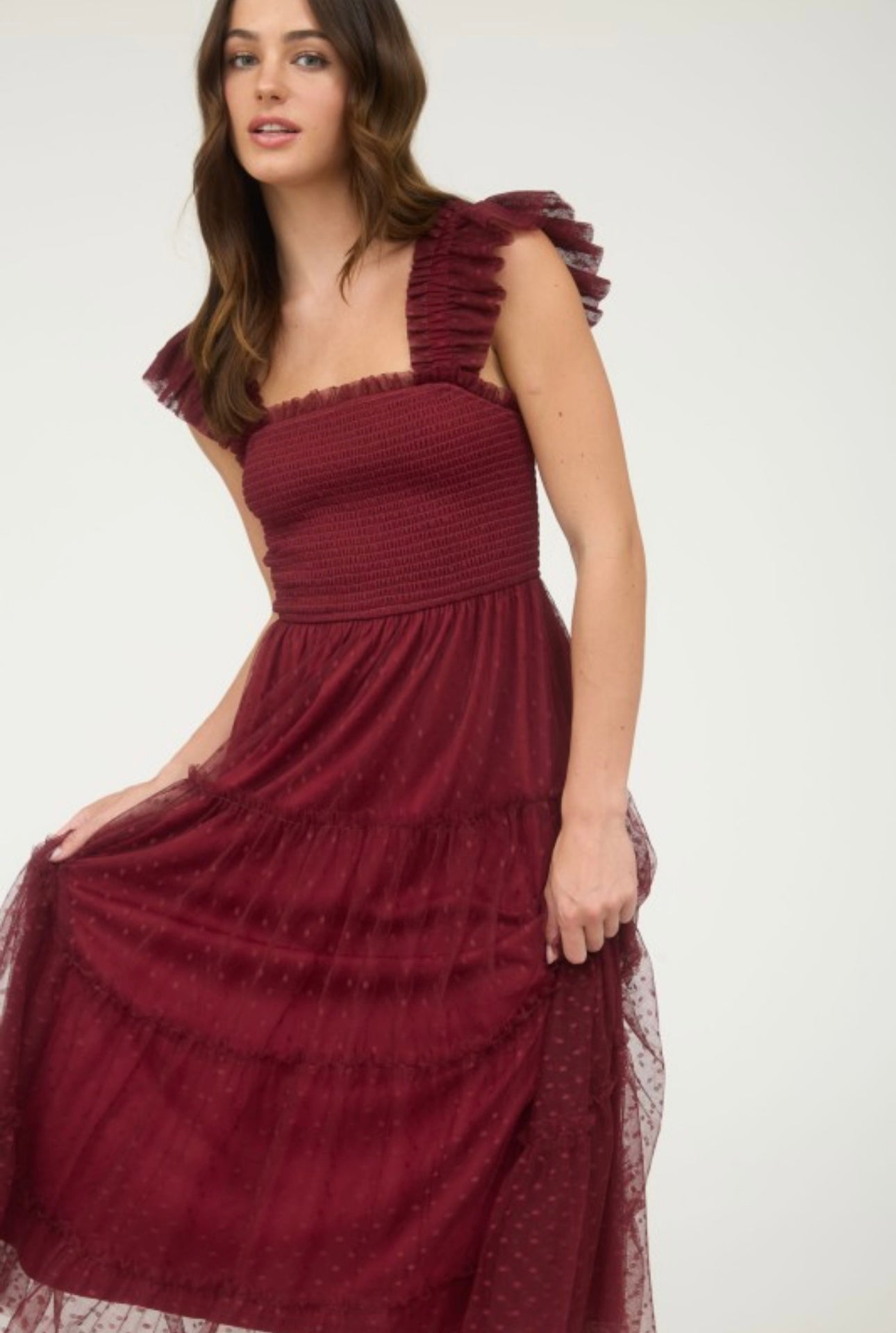 Polka Dot Ruffled Tiered Mocked Bodice Midi Dress