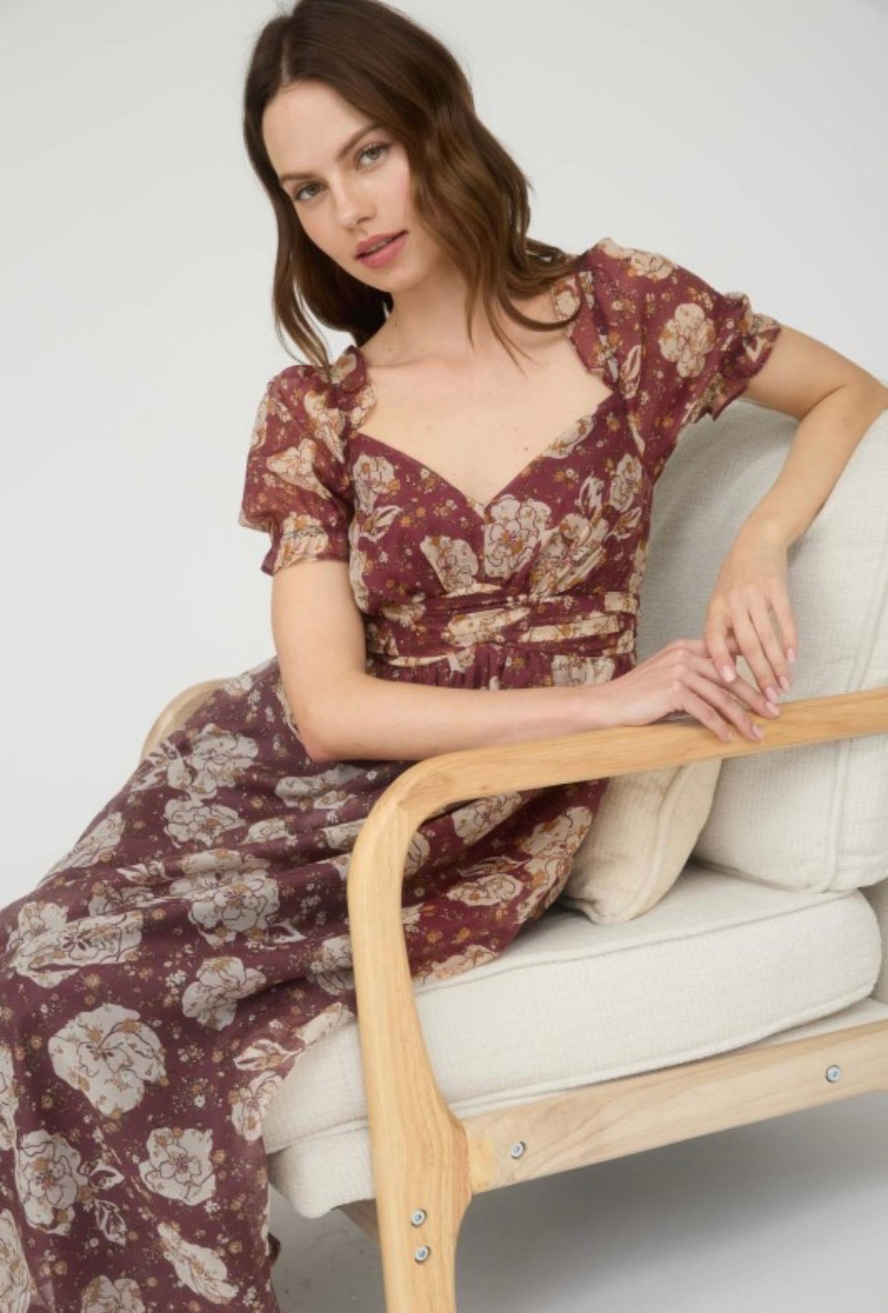 Autumn Floral Sweetheart Maxi Dress with Puffed Sleeves