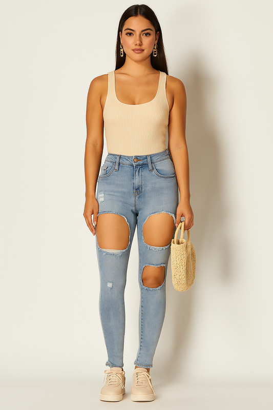 1202 Light Wash Distress with Raw Hem