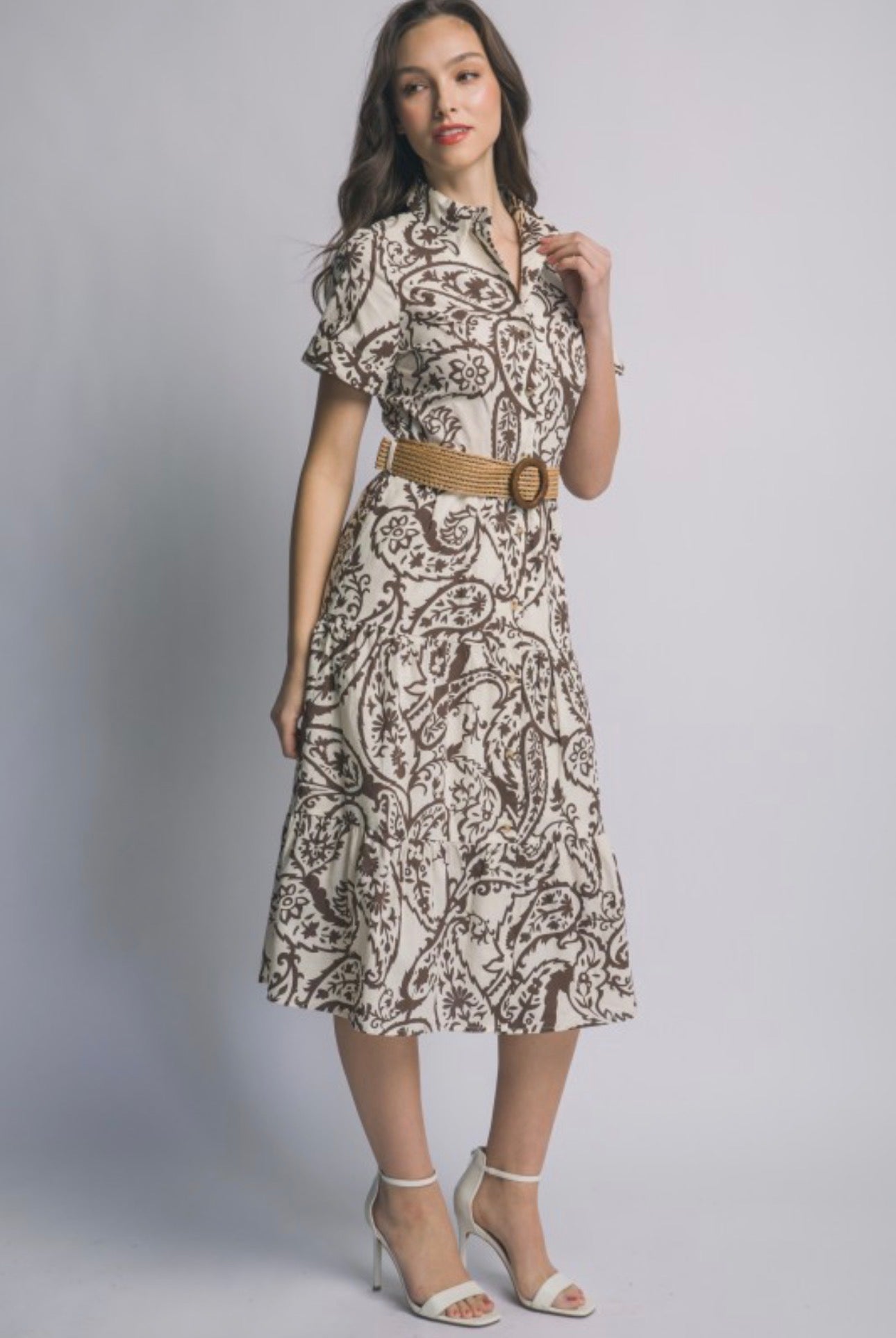 Brown Paisley Short Sleeve Dress with Woven Belt