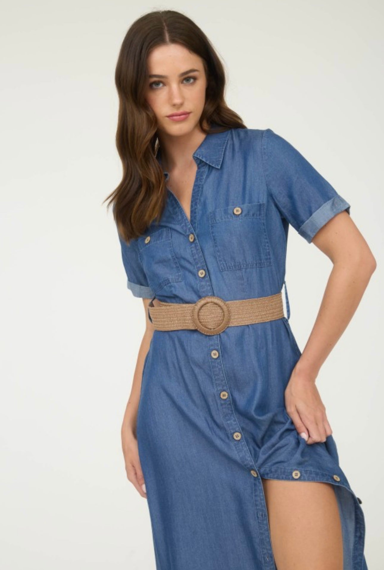 Denim Button Down Cuffed Sleeve Midi Dress with Woven Belt