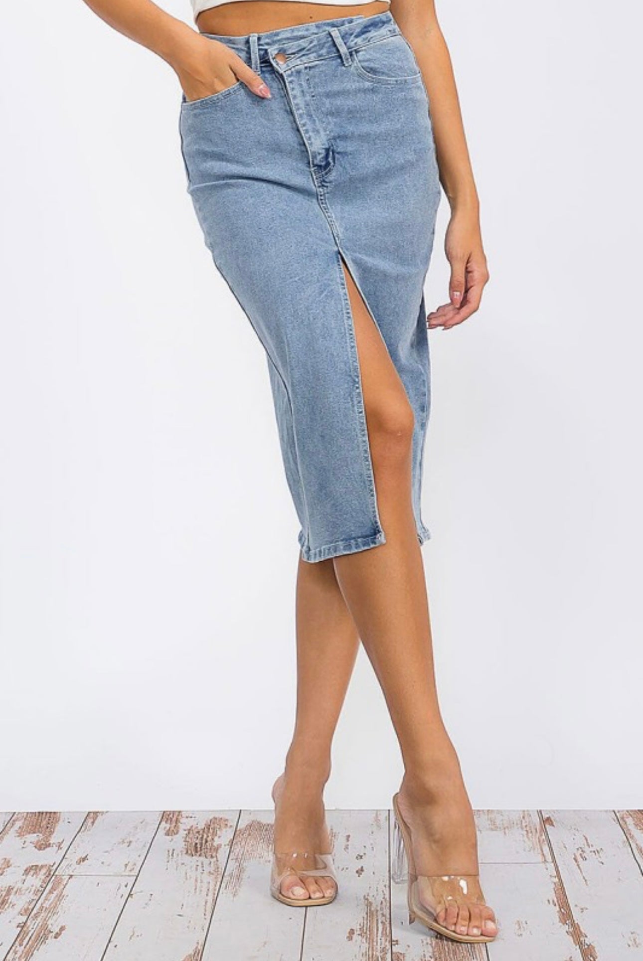 Denim Midi Skirt with Front Slit