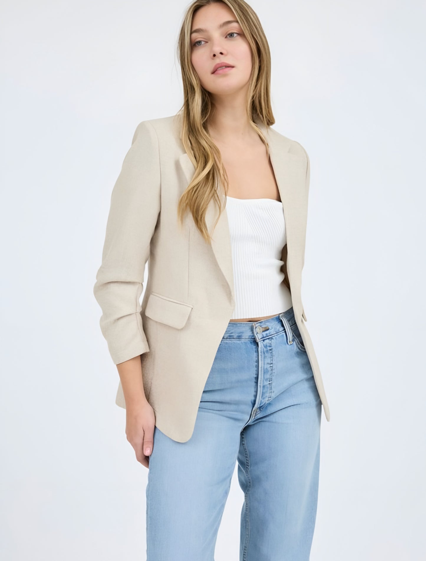 Linen Blazer with Scrunch Sleeves