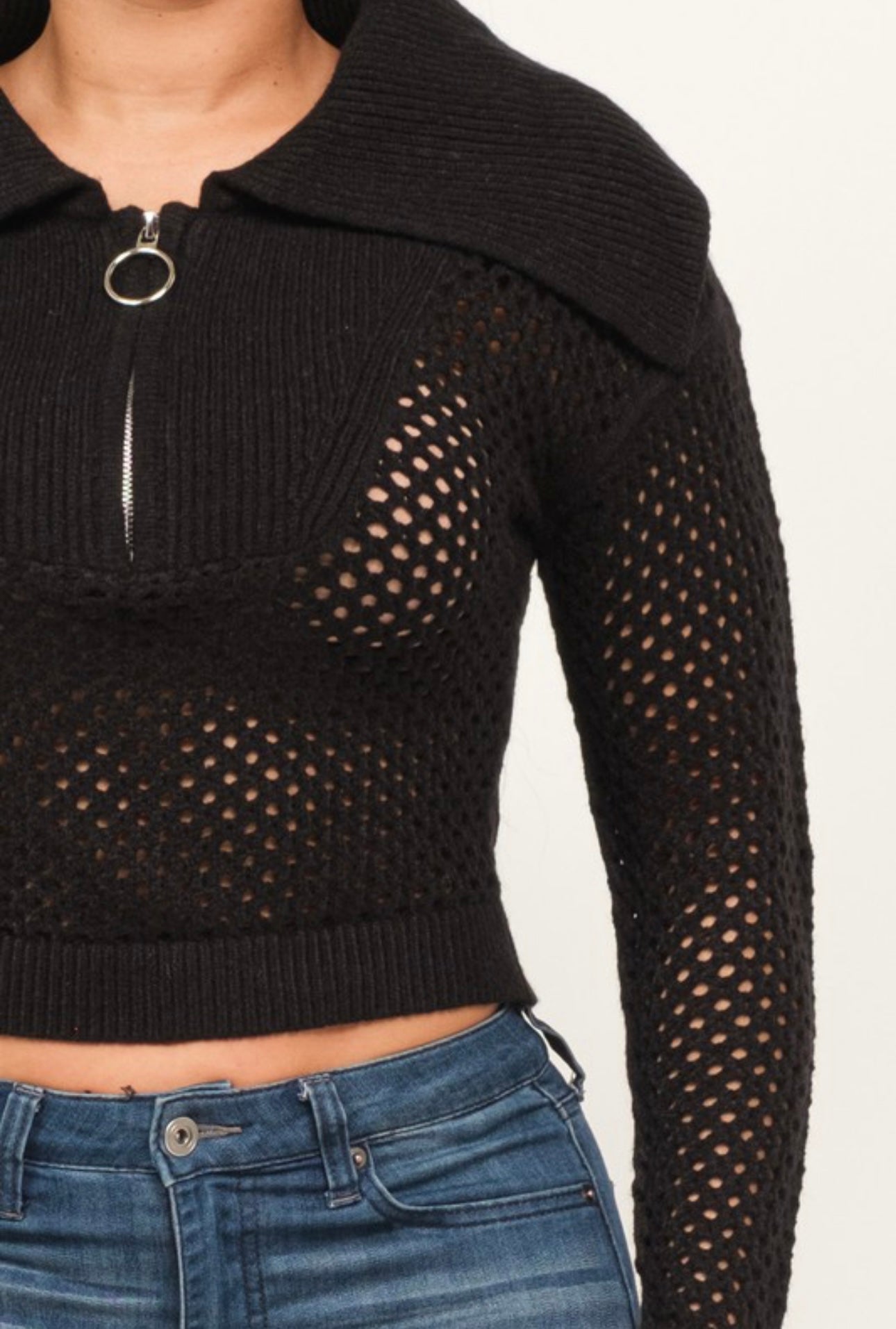 Quarter Zip Open Knit Crop Sweater