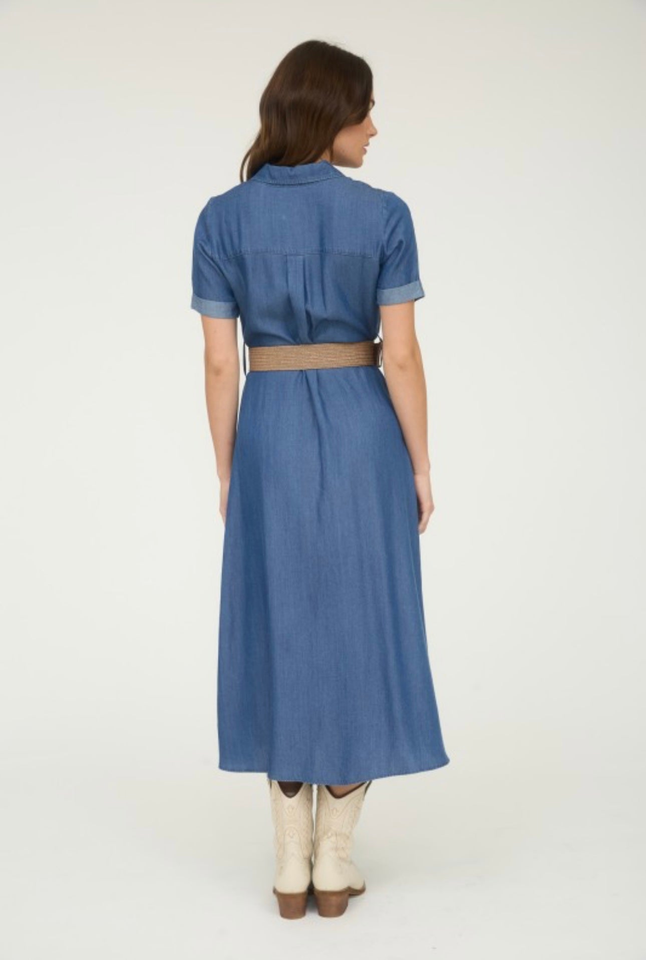 Denim Button Down Cuffed Sleeve Midi Dress with Woven Belt