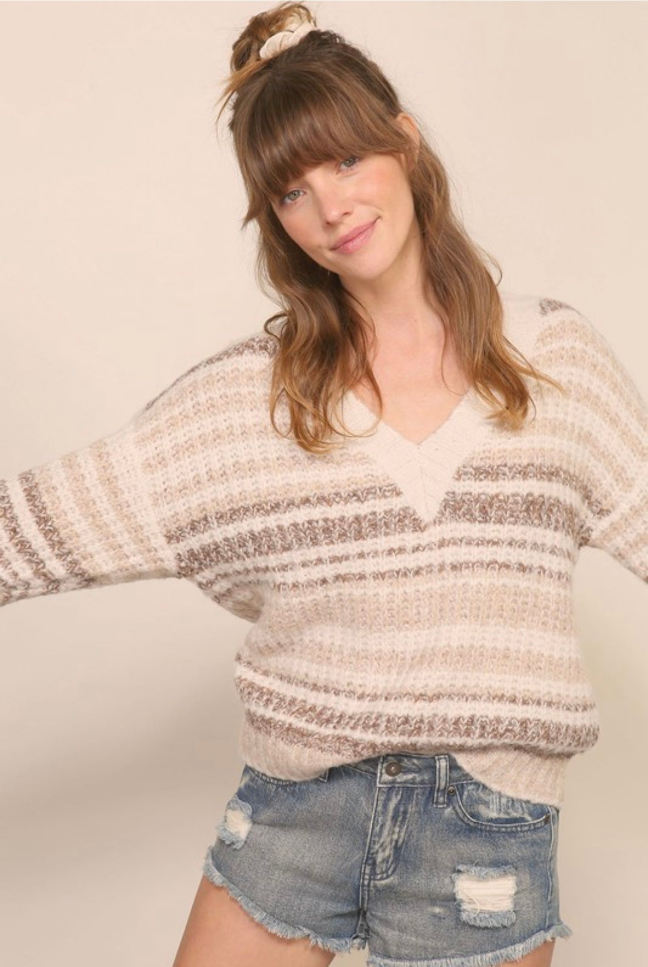 V Neck Knit Tri-Color Sweater