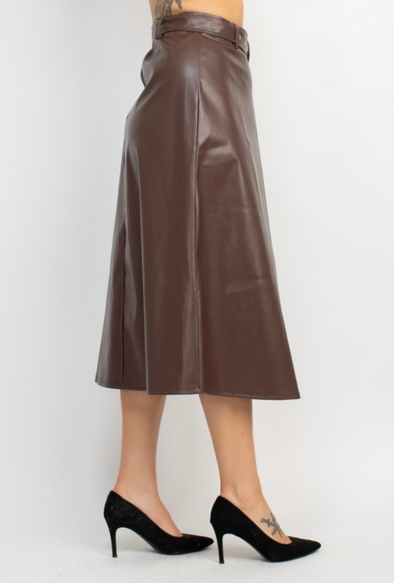 Belted Faux Leather A-line Midi Skirt