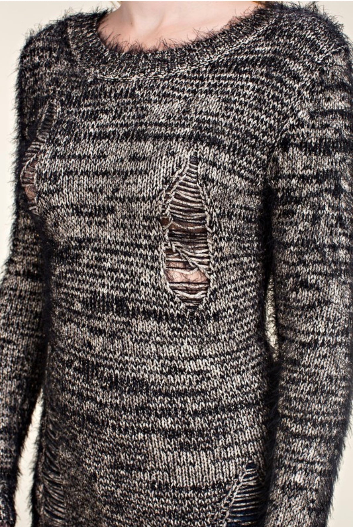 Fuzzy Shimmer Knit Distressed Sweater