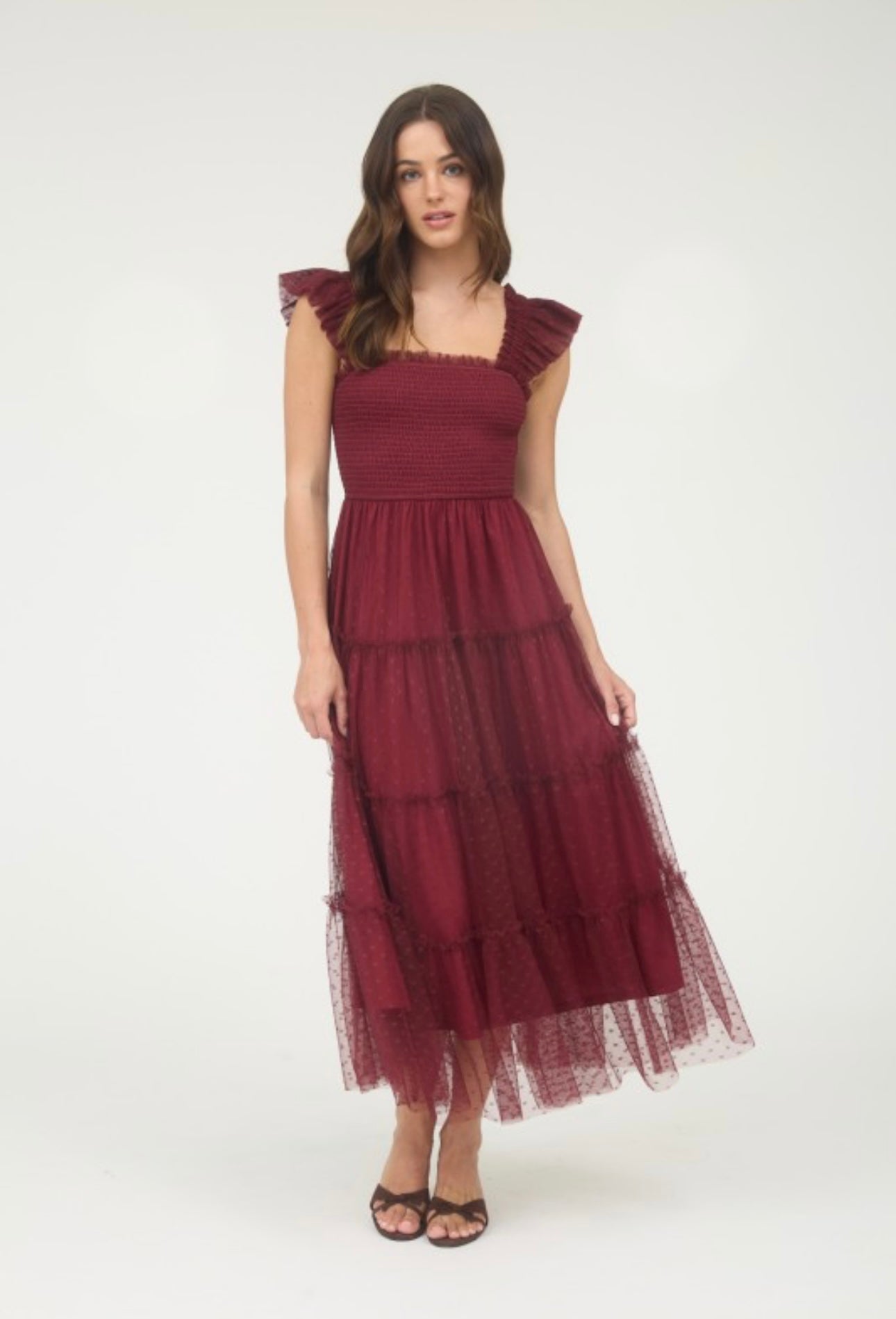 Polka Dot Ruffled Tiered Mocked Bodice Midi Dress