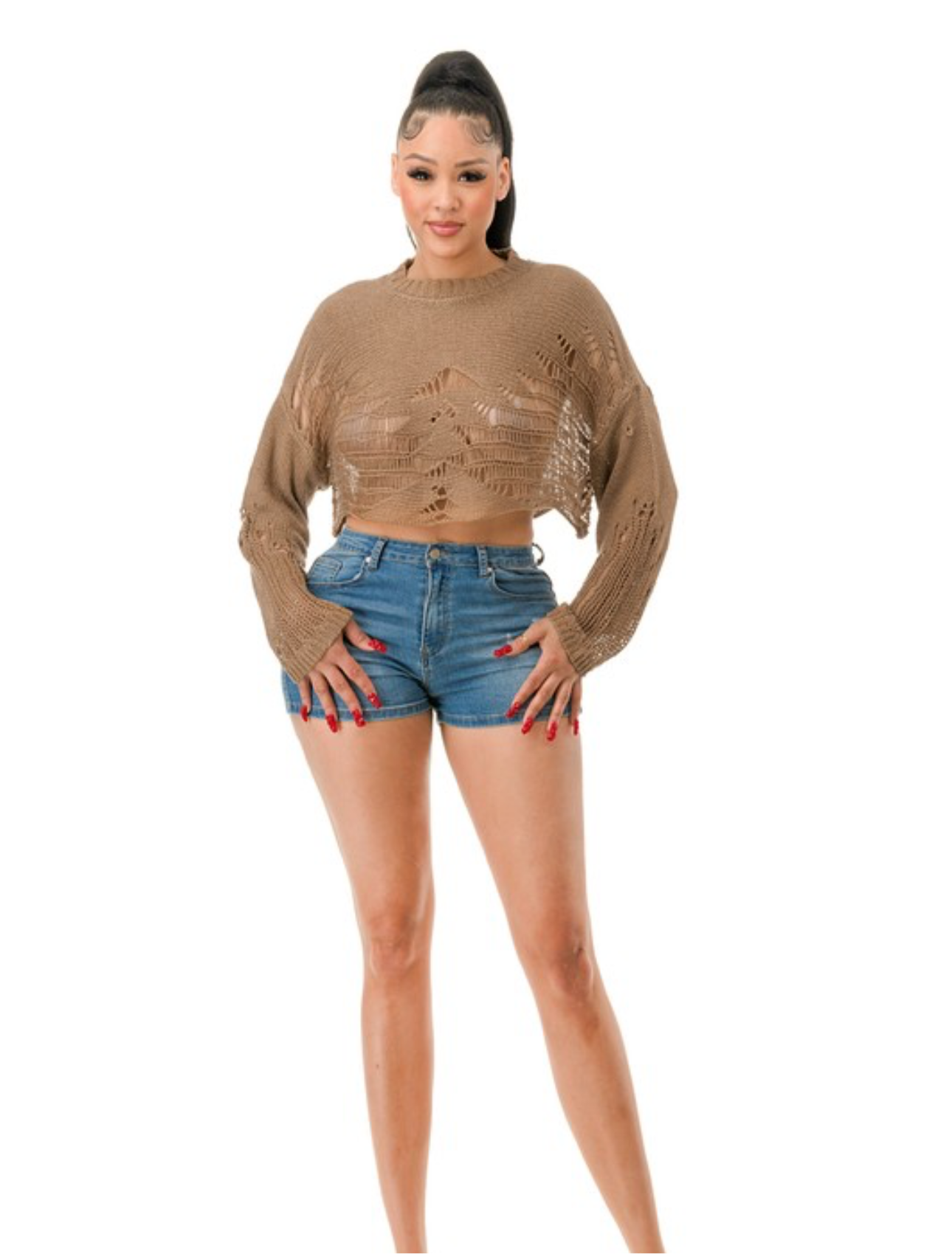 Long Sleeve Open Crop Crochet Pullover