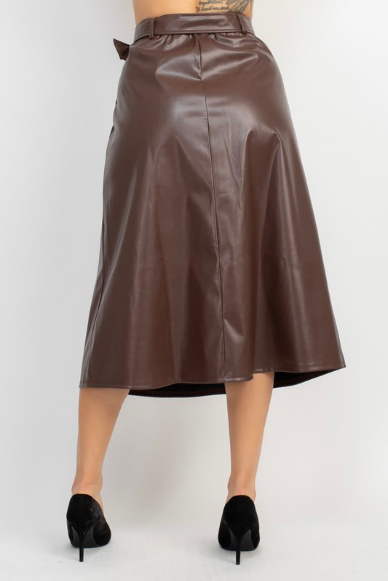 Belted Faux Leather A-line Midi Skirt