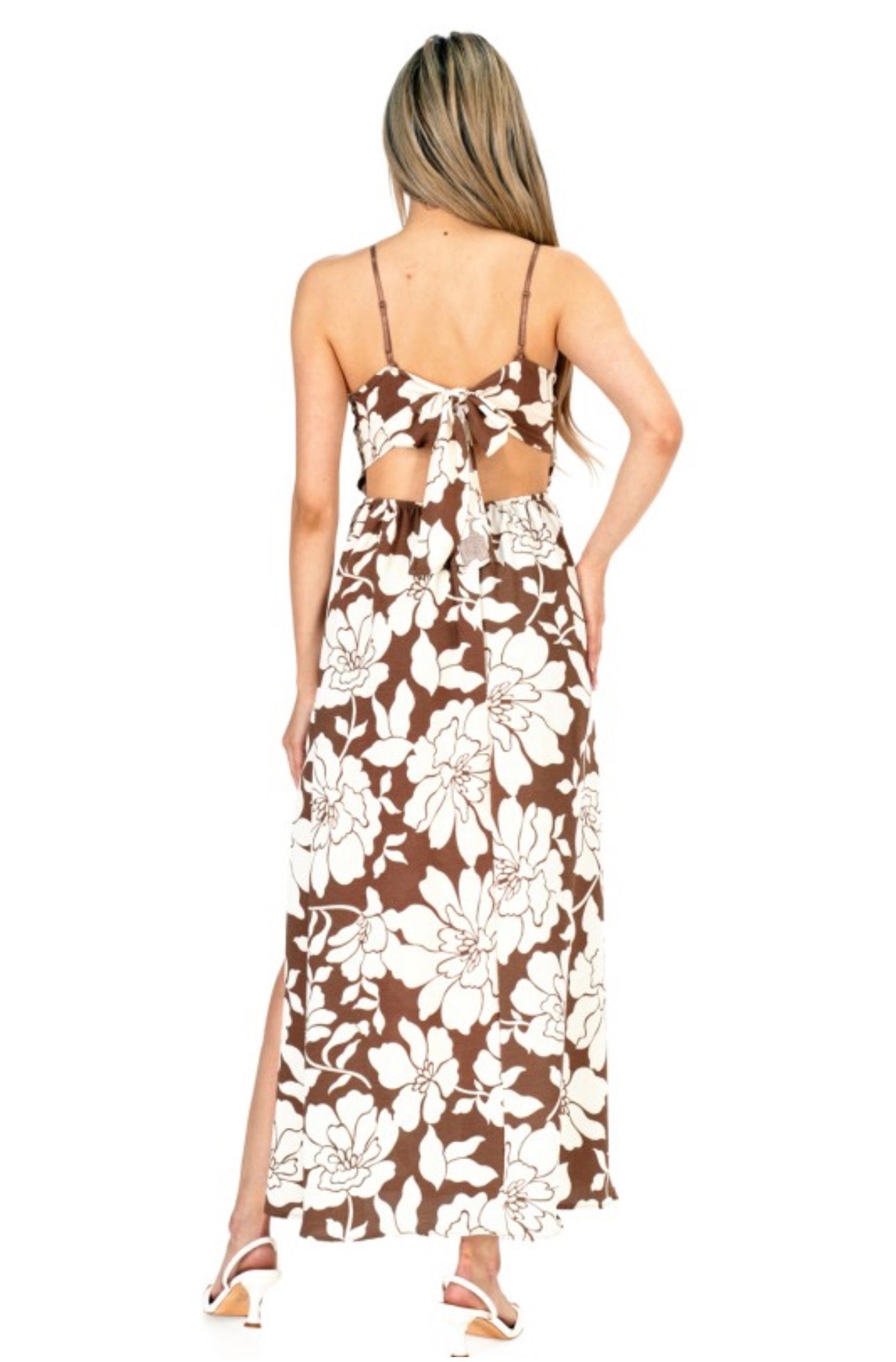 Neutral Floral Linen Open Back Tie Maxi Dress