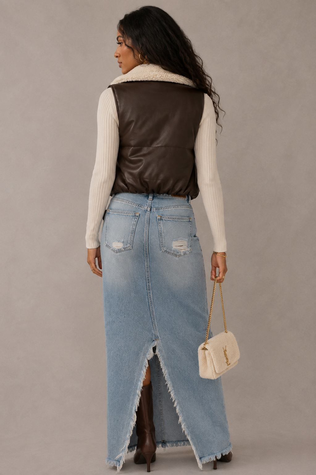 Leather Puffer Vest with Sherpa