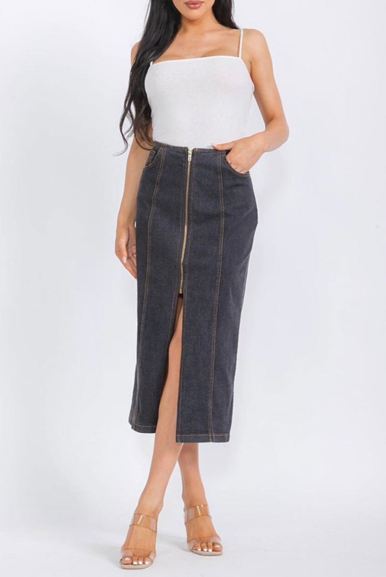 Front Zip Midi Denim Skirt with Front Slit