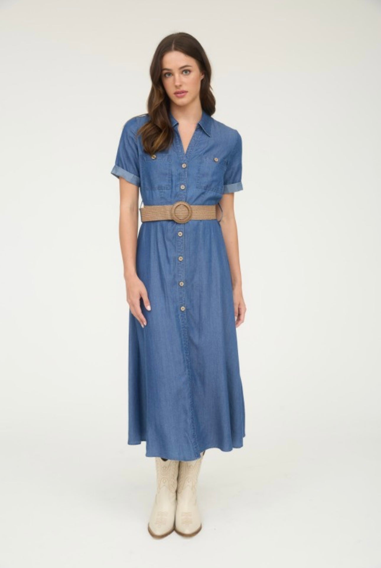 Denim Button Down Cuffed Sleeve Midi Dress with Woven Belt