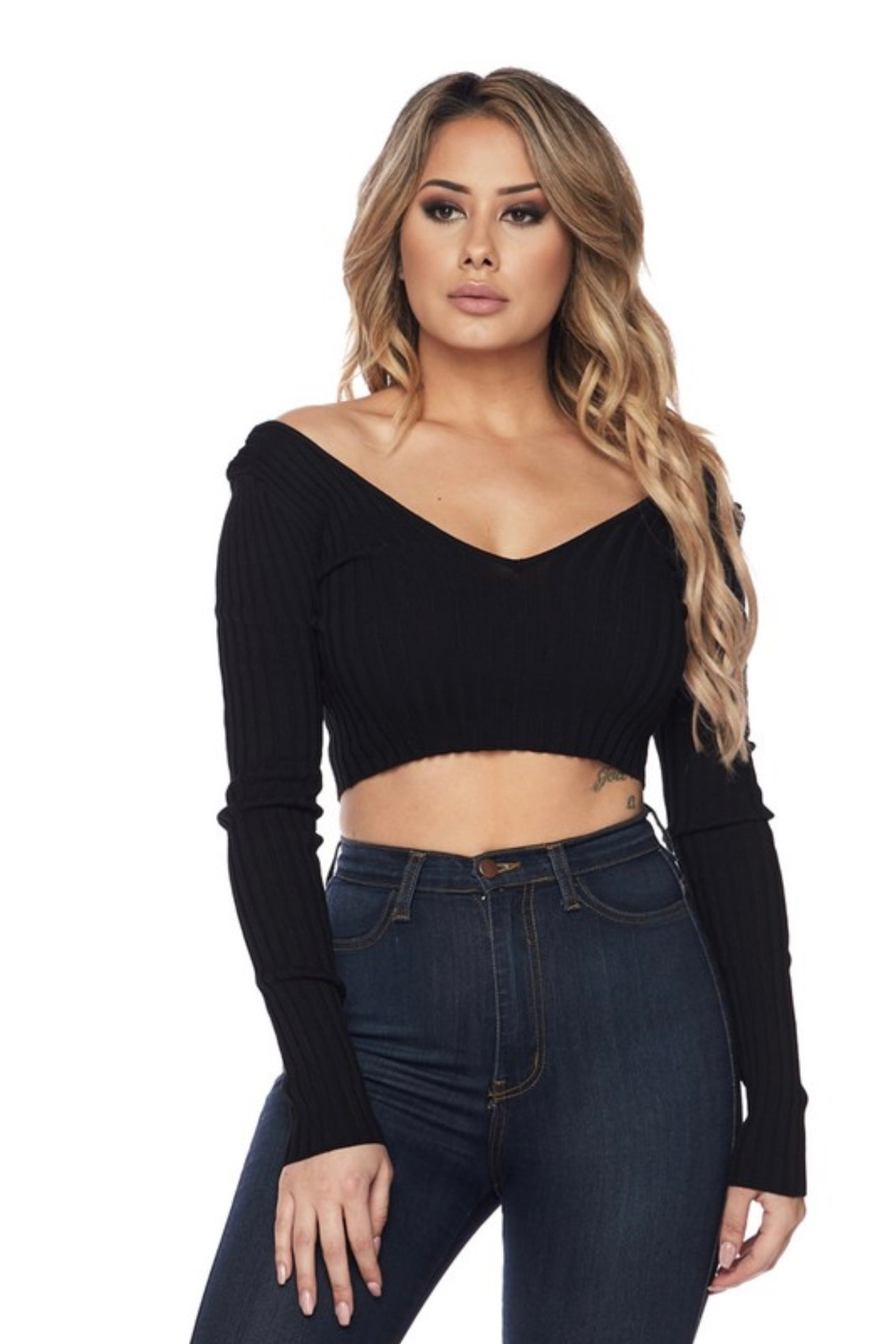 Deep V Ribbed Long Sleeve Shirt