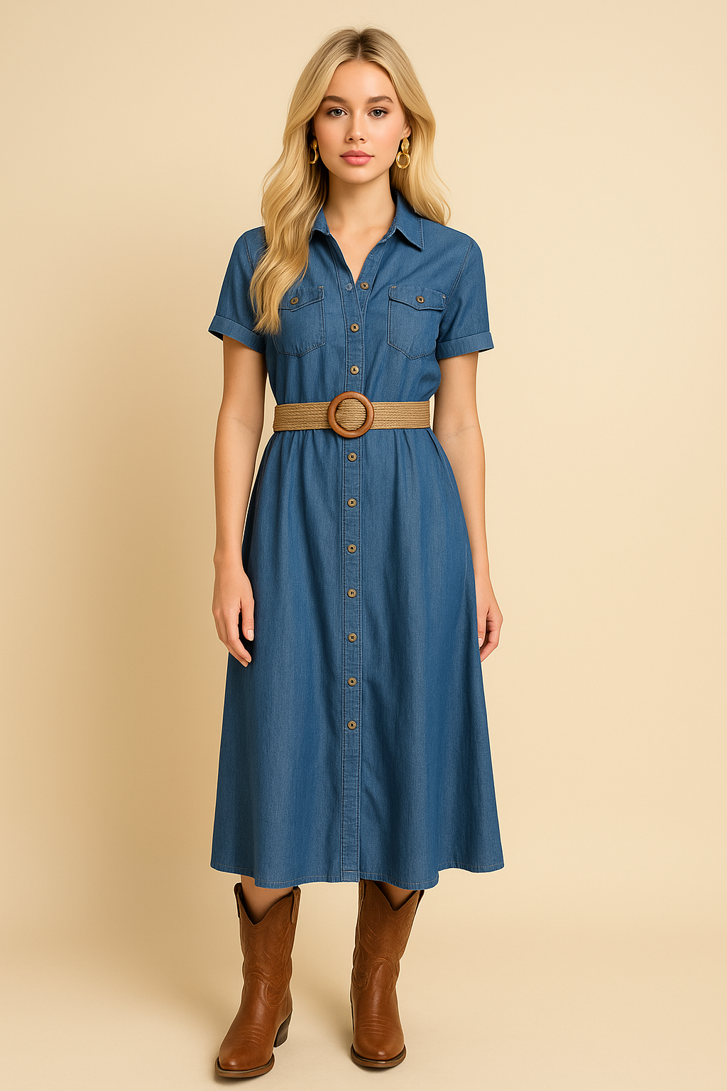 Denim Button Down Cuffed Sleeve Midi Dress with Woven Belt