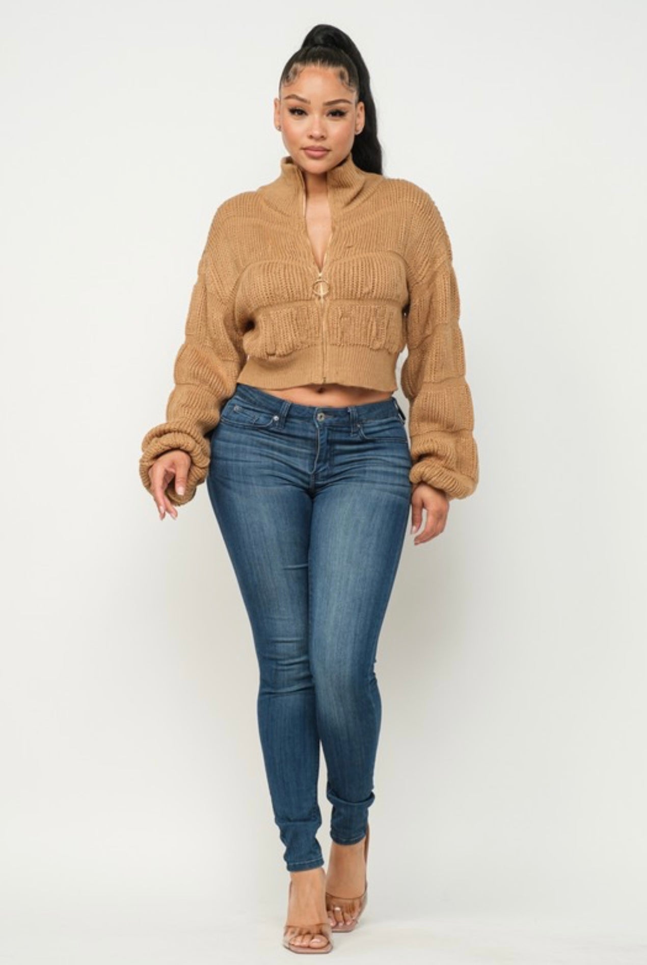 Bubble Sleeve Knit Zip-Up Sweater