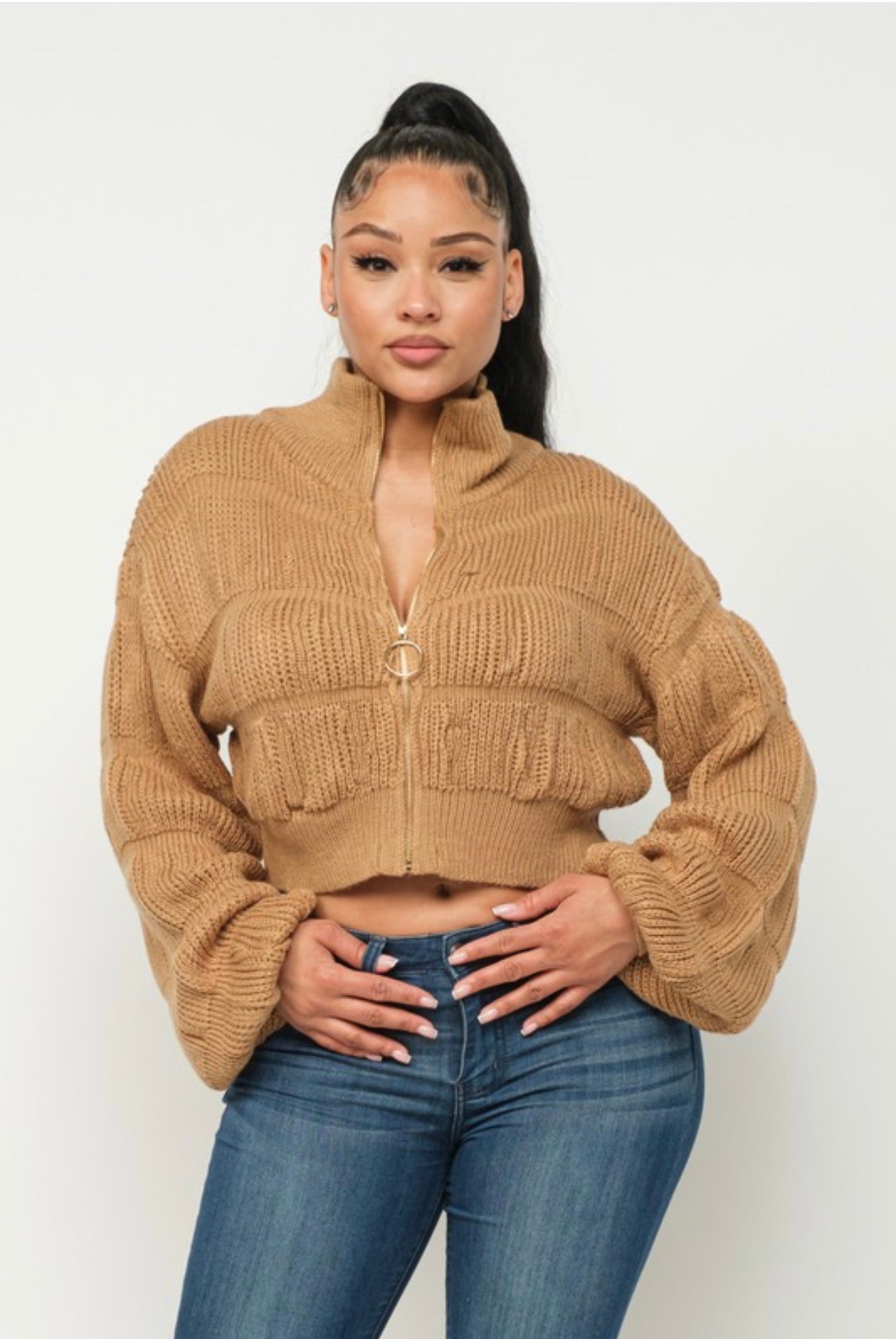 Bubble Sleeve Knit Zip-Up Sweater