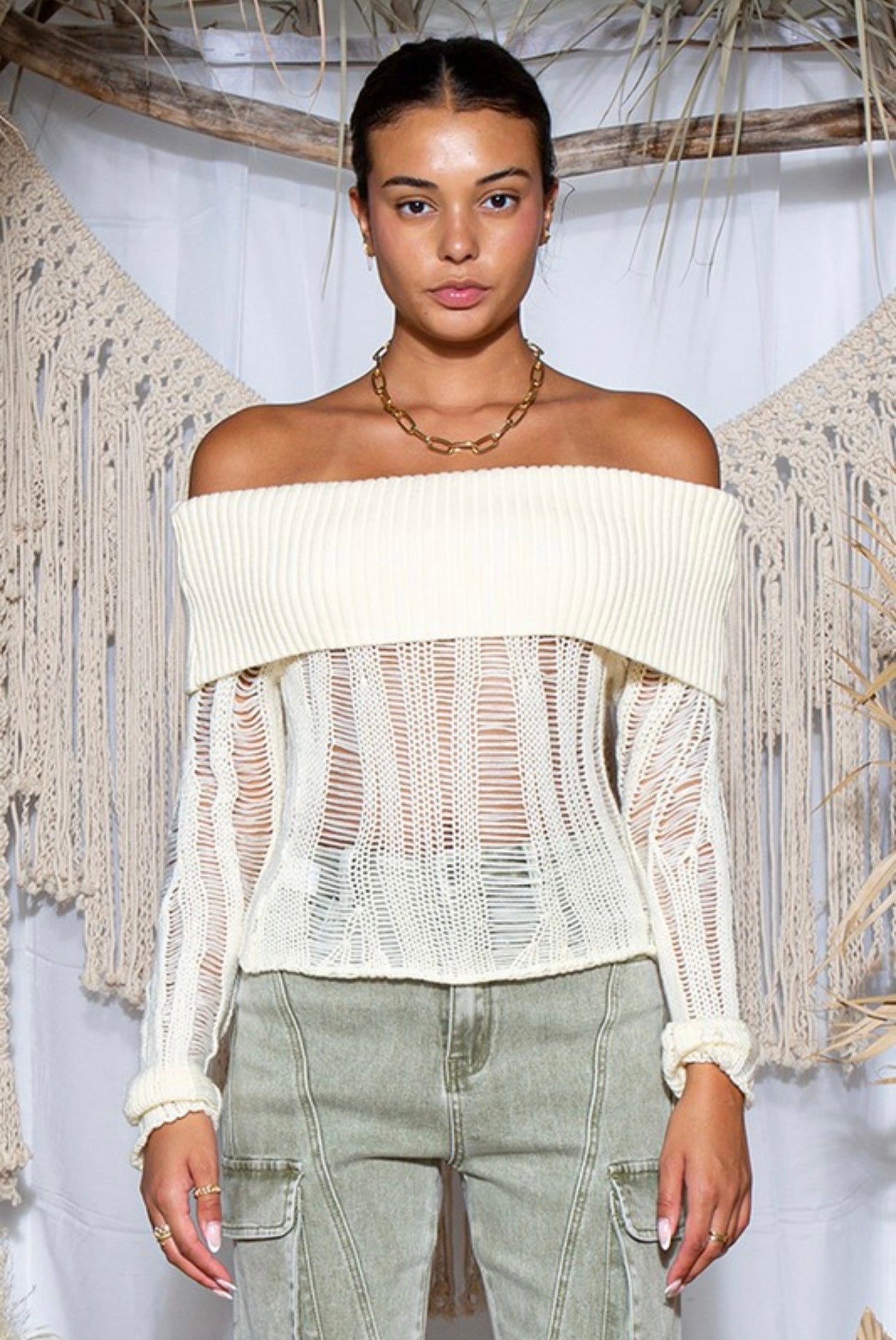 Off-Shoulder Distressed Sweater