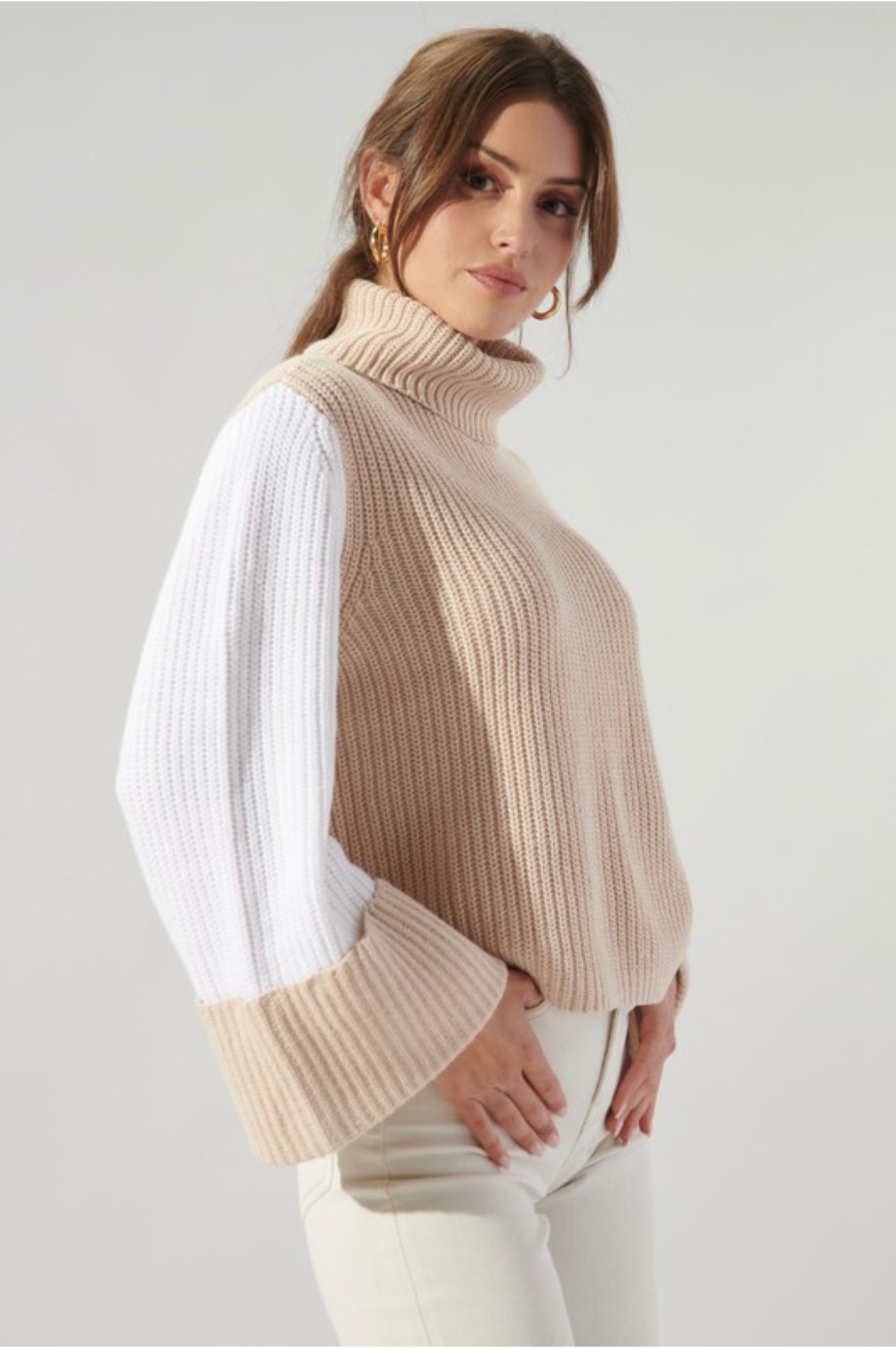 Bell Sleeve Two-Tone Turtle Neck Sweater