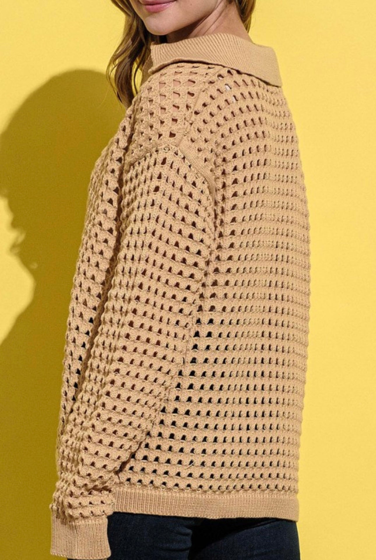 V Neck Polo Collar Open Knit Sweater