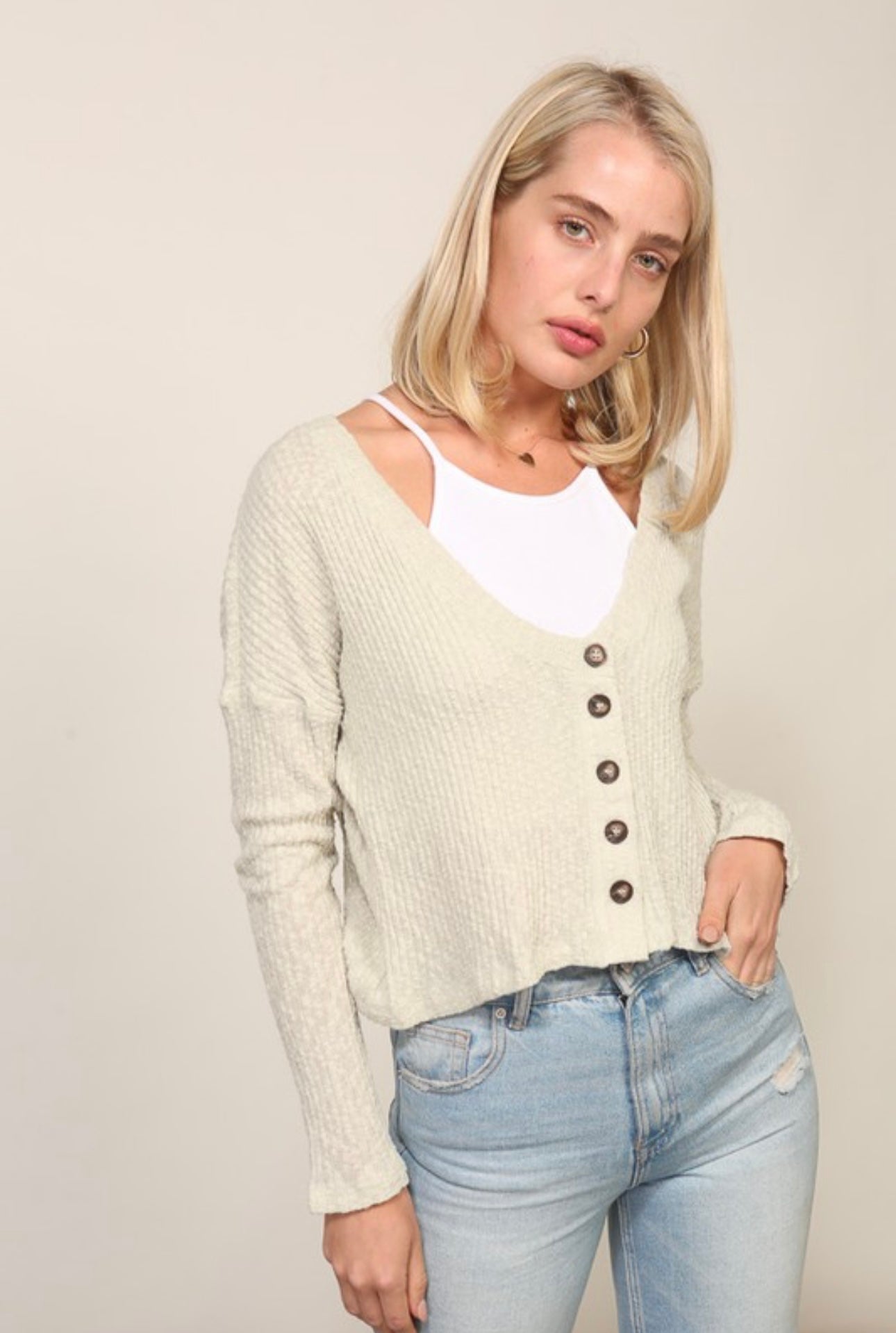 Button Front Waffle Ribbed Top