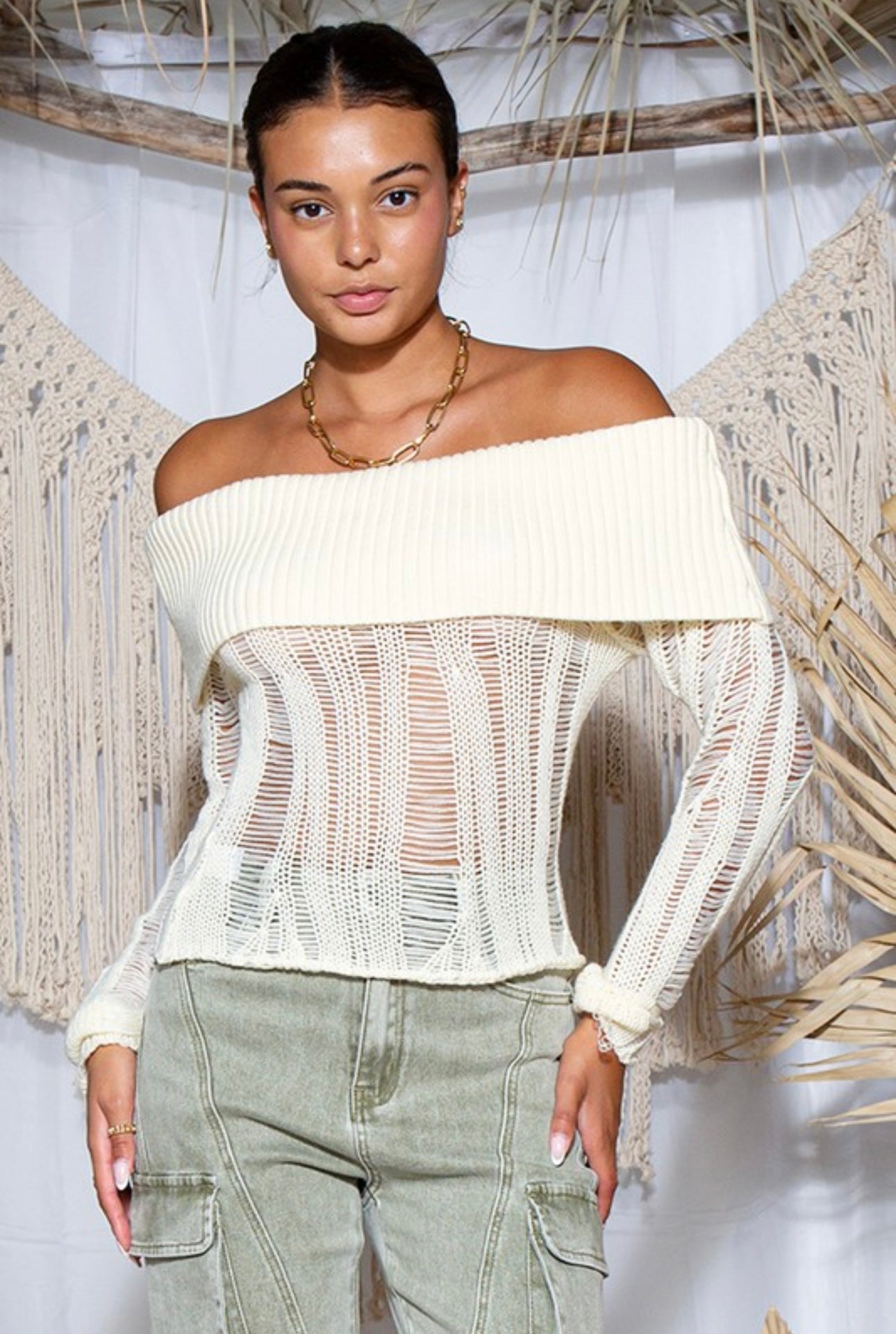 Off-Shoulder Distressed Sweater